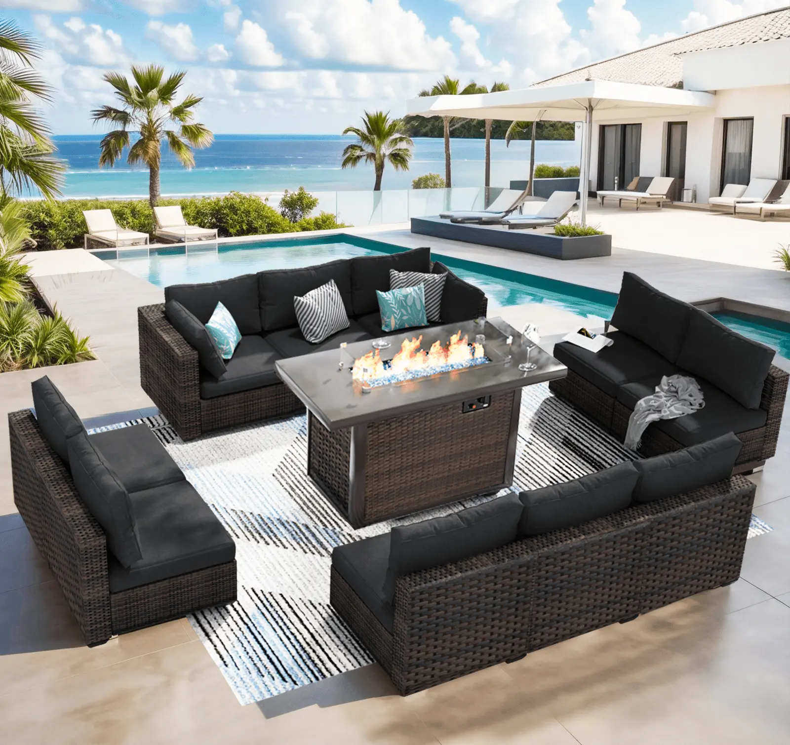 Grezone 11 PCS Outdoor Patio Furniture Set with Fire Pit Table. Wicker Patio Conversation Set. Black