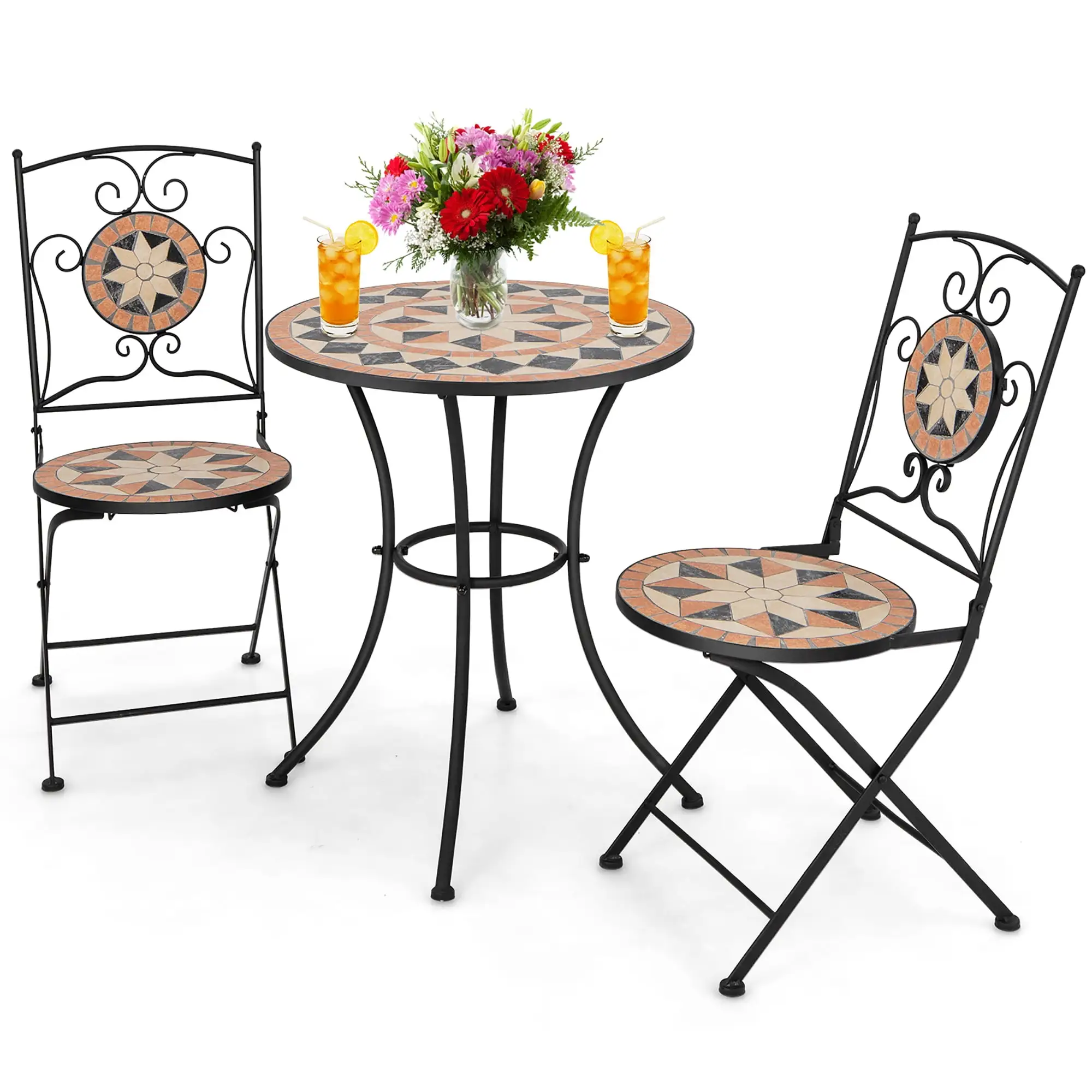 Gymax 3 PCS Outdoor Bistro Set Patio Conversation Furniture Set w/ 1 Round Mosaic Coffee Table