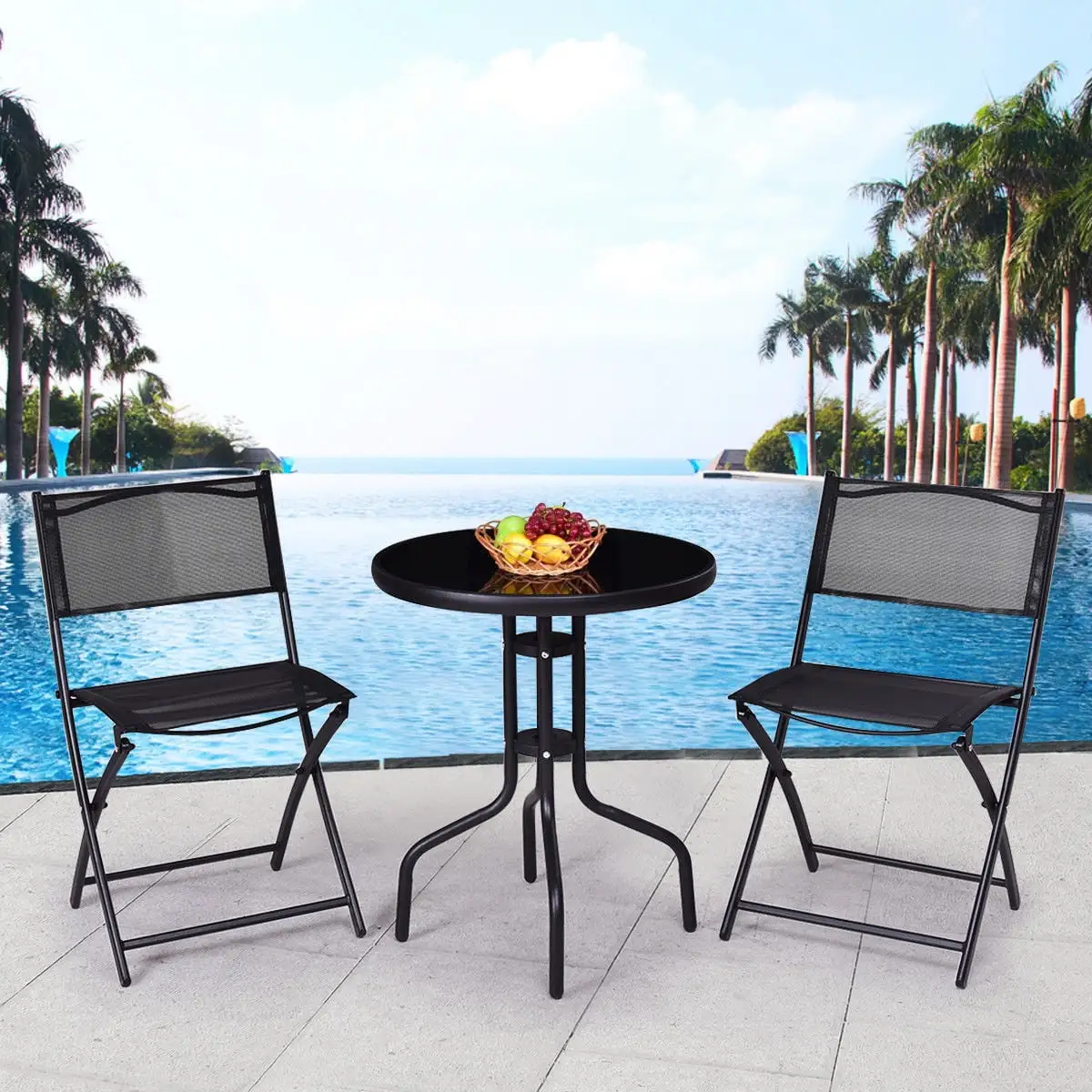 Gymax 3 Pcs Bistro Set Garden Backyard Table Folding Chairs Outdoor Patio Furniture