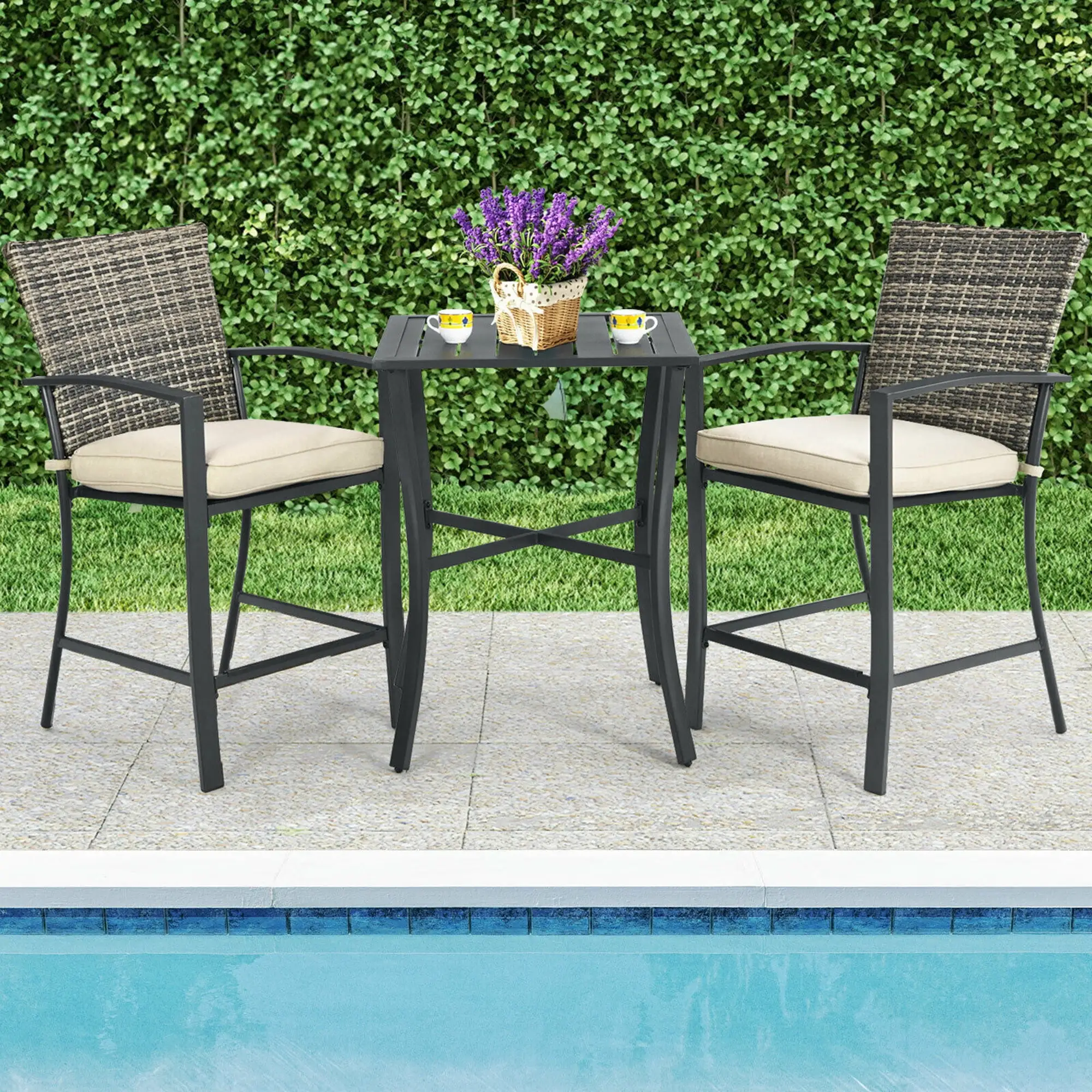 Gymax 3PCS Patio Metal Bar Set Outdoor Conversation Furniture Set w/ Cushions