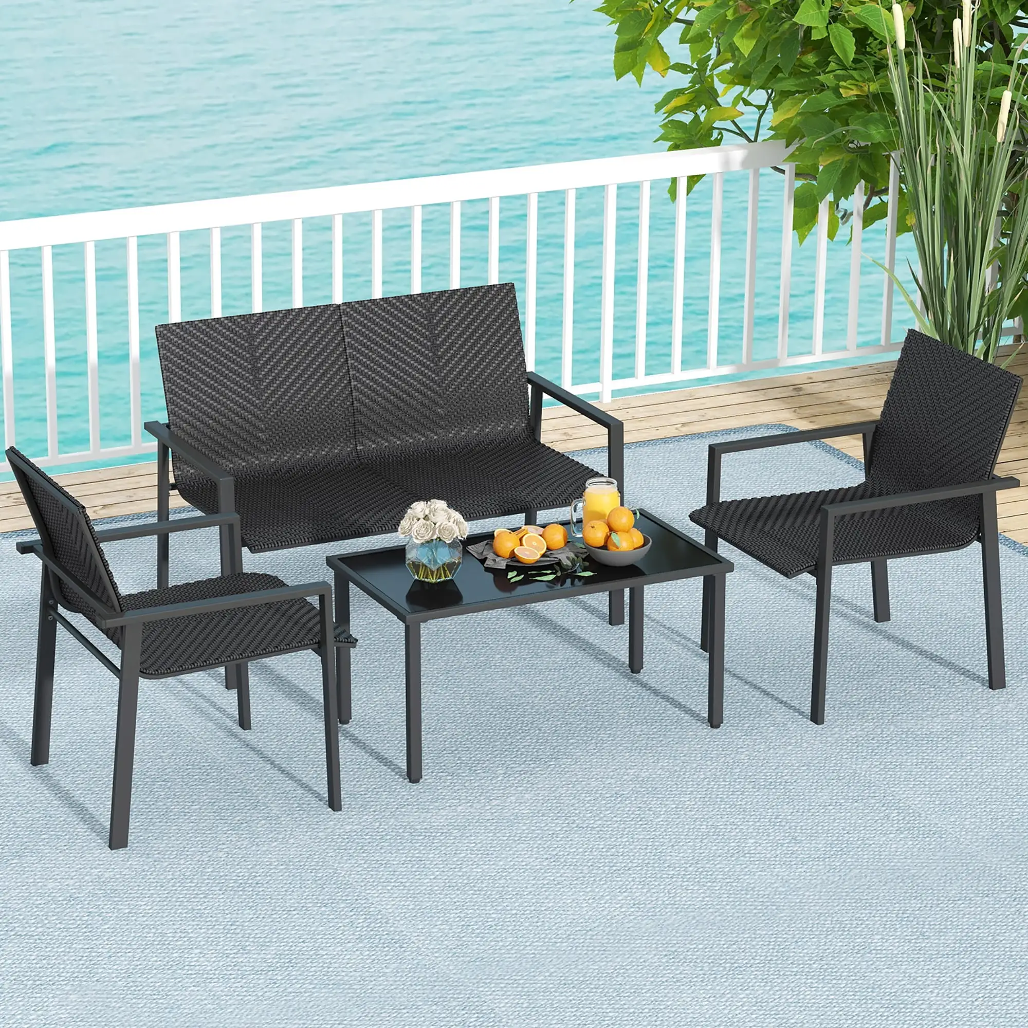 Gymax 4 PCS Patio Furniture Set Heavy Duty Galvanized Metal Frame Wicker Table Black