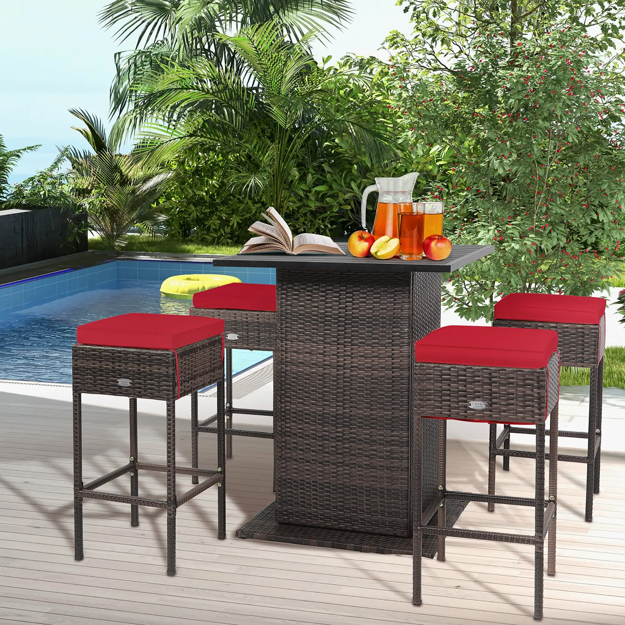 Gymax 5PCS Patio Bar Set Rattan Bar Furniture Set w/ Table & 4 Cushioned Stools Red