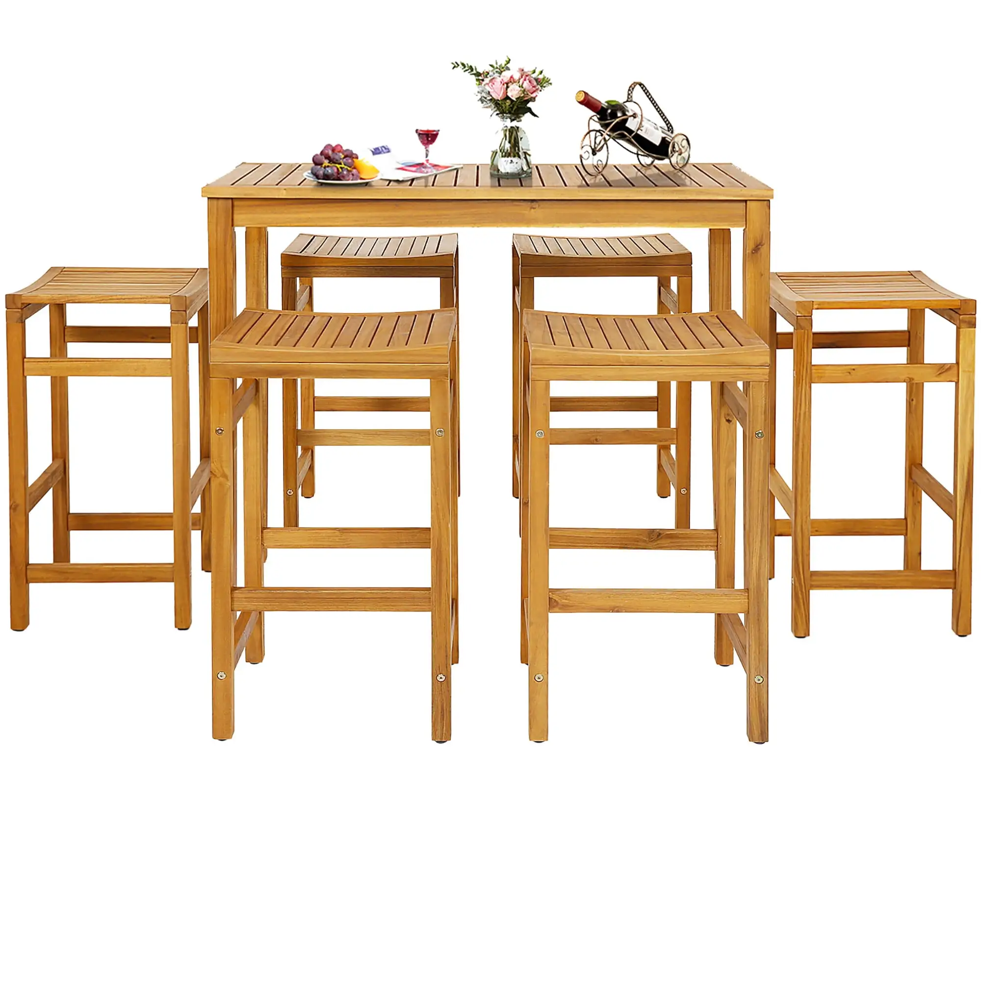 Gymax 7PCS Acacia Wood Bar Table Set 45'' Rectangular Dining Table & 6 Stools