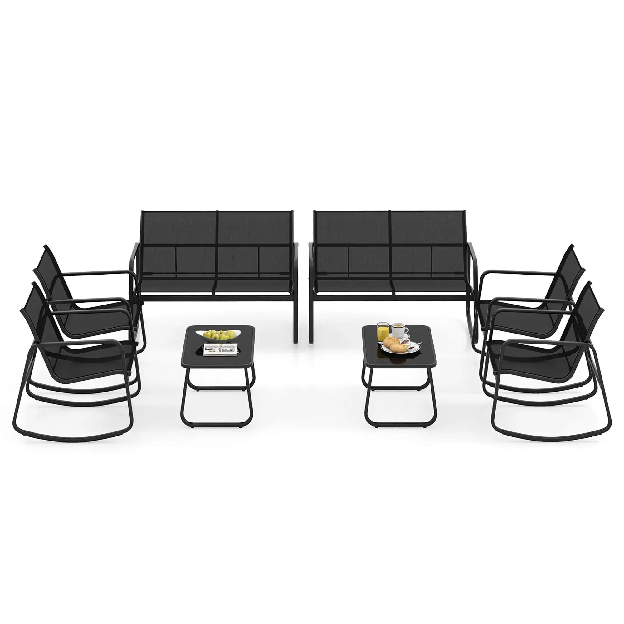 Gymax 8 PCS Rocking Bistro Set Patio Furniture Set w/ Loveseat Rocking Chairs & Coffee Table