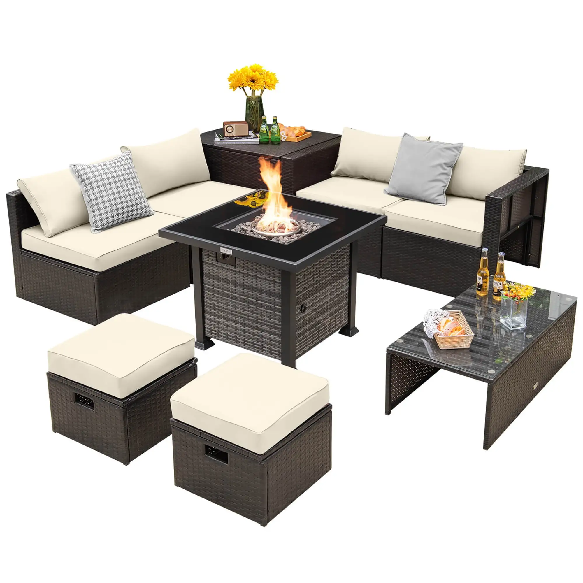 Gymax 9 Pieces Furniture Set w/ 50.000 BTU Propane Fire Pit Table Patio Off White