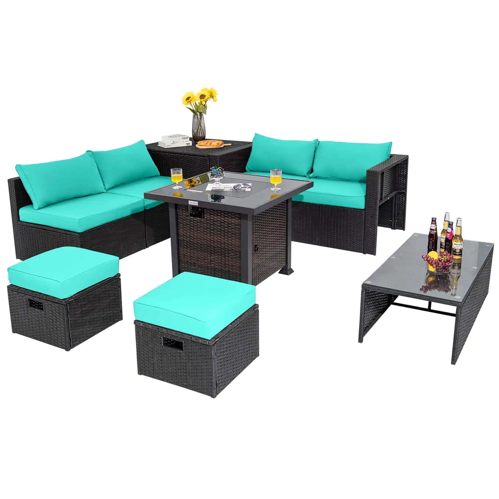 Gymax 9PCS Furniture Set w/ 32'' Fire Pit Table 50.000 BTU Square Propane Fire Pit Patio Turquoise