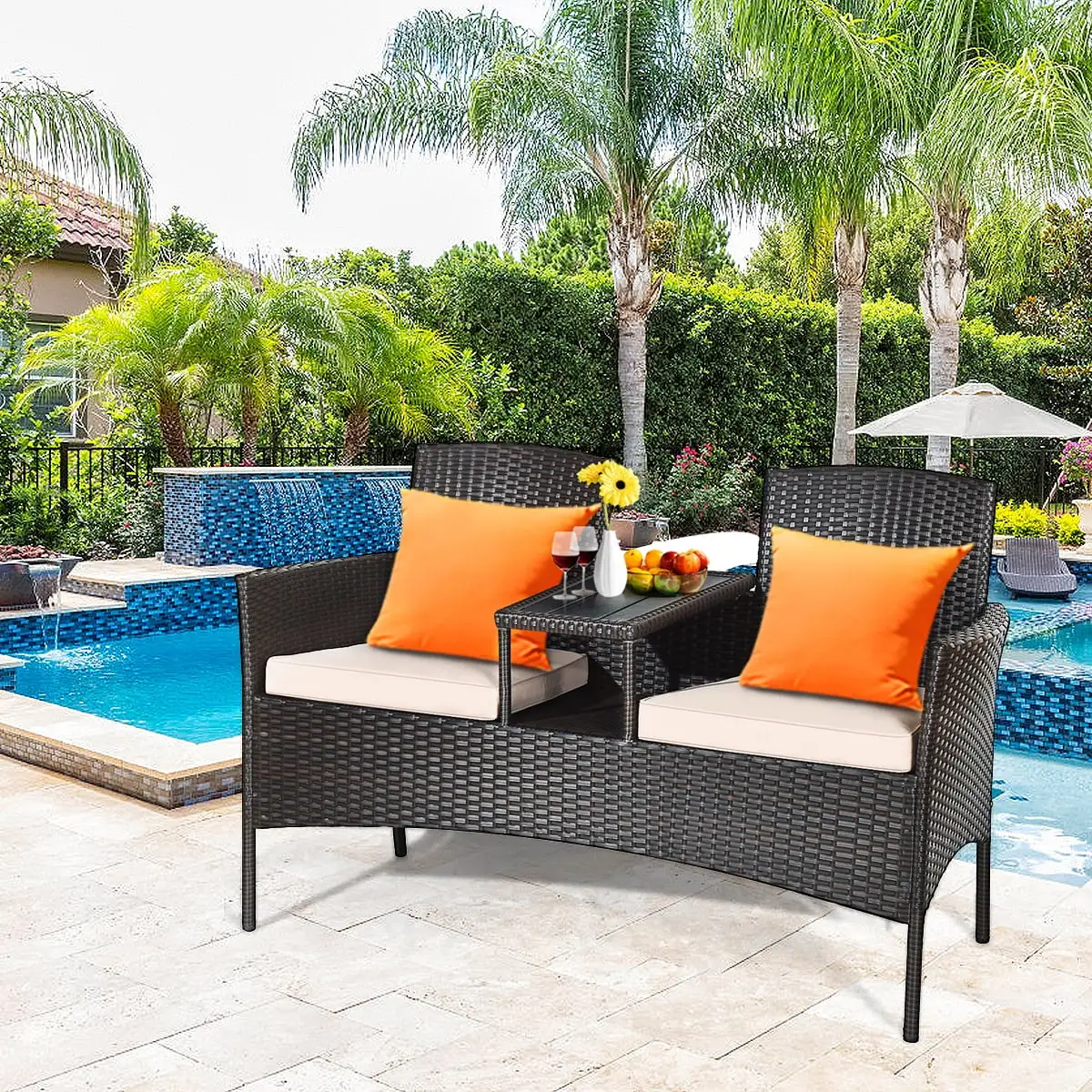 Gymax Patented Cushioned Rattan Wicker Patio Conversation Set w/ Loveseat Table Brown