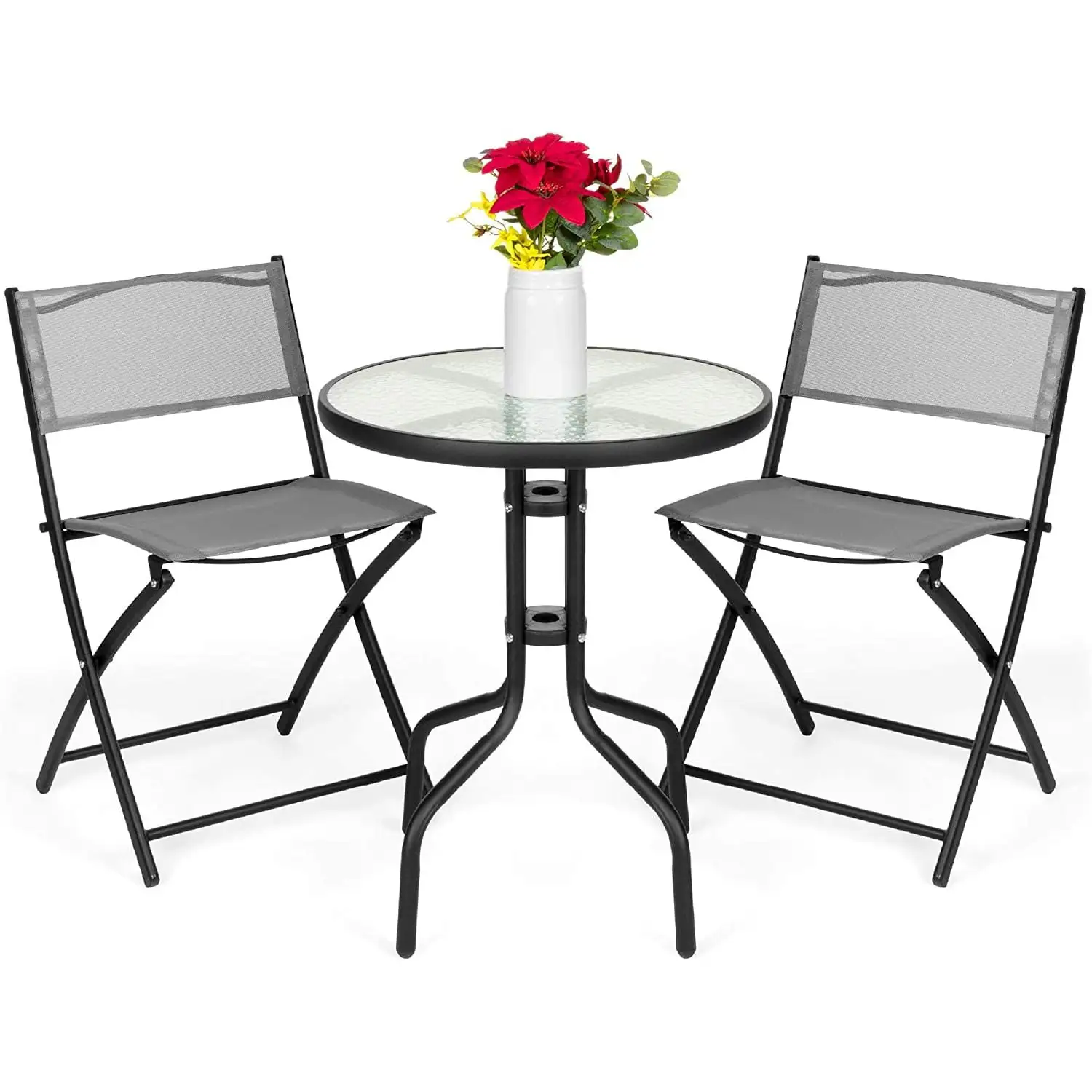 HONGDONG 3-Piece Patio Bistro Dining Furniture Set w/Textured Glass Tabletop. 2 Folding Chairs. Steel Frame. Polyester Fabric - Gray