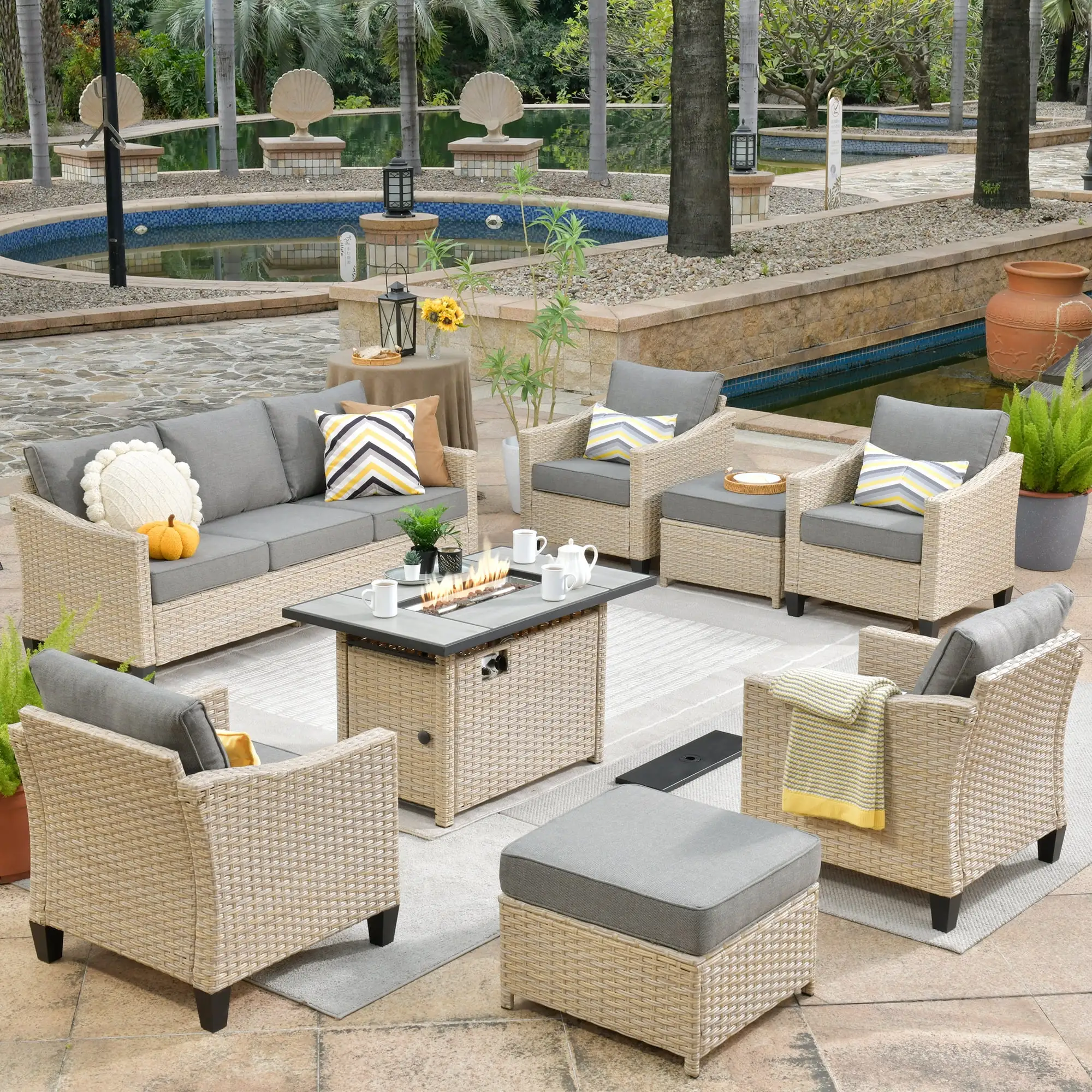 HOOOWOOO 8PCS Patio Converstion Set.Wicker Outdoor Furniture Set with Gas Fire Pit.Grey