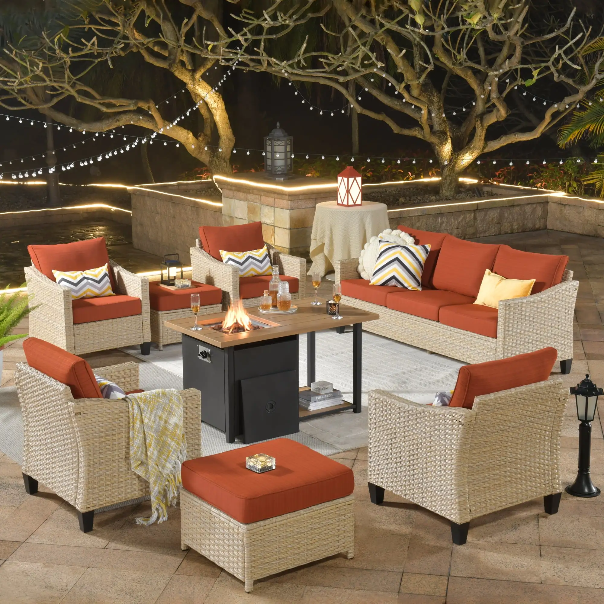 HOOOWOOO 8PCS Patio Converstion Set.Wicker Outdoor Furniture Set with Gas Fire Pit.Orange