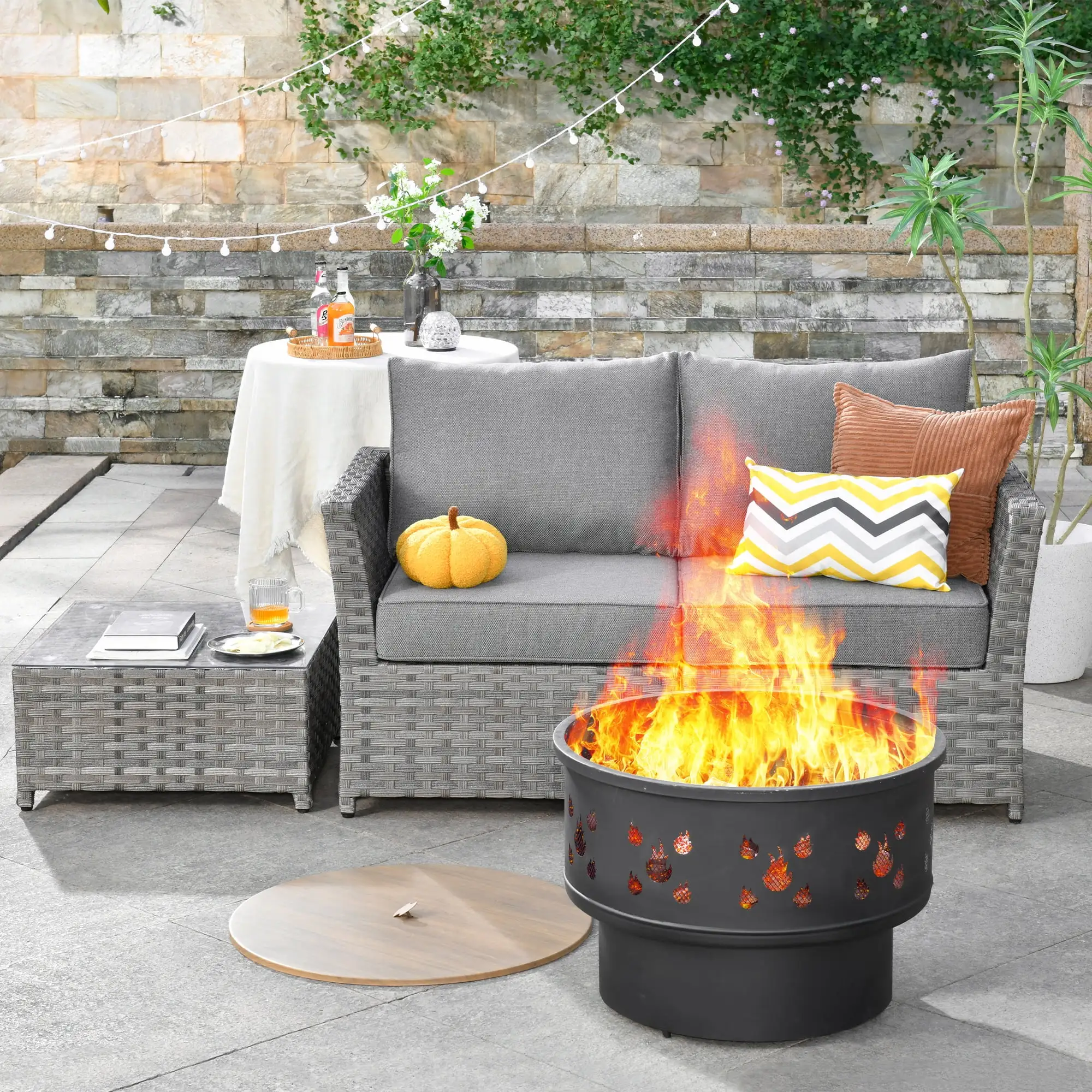 HOOOWOOO Outdoor Patio 4-piece Wicker Rattan Furniture Set with Wood Burning Fire Pit.Grey