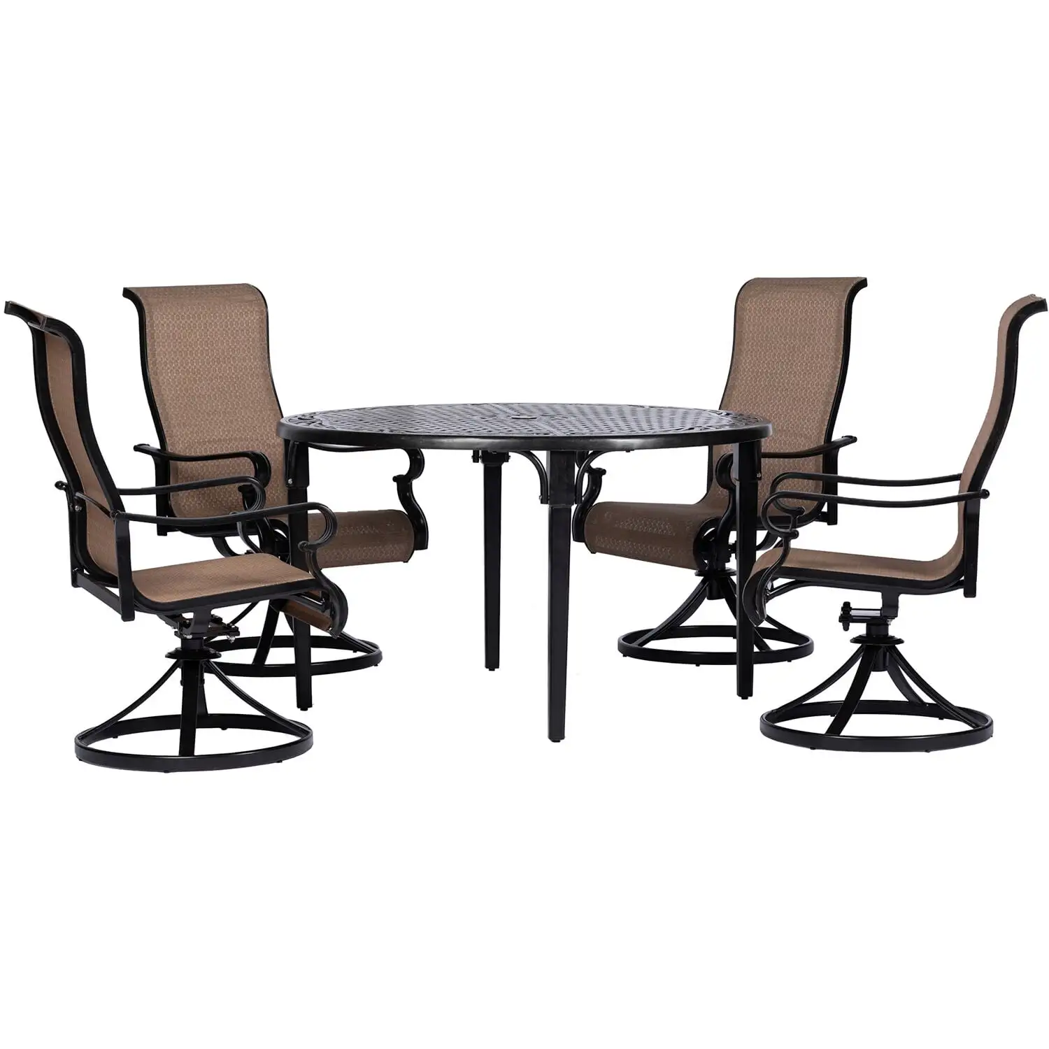 Hanover Brigantine 5-Piece Modern Outdoor Dining Set | 4 Contoured Swivel Rocker Chairs | 50'' Round Cast-Top Table | Weather. Rust. UV Resistant | Tan/Bronze | BRIGDN5PCSWRD