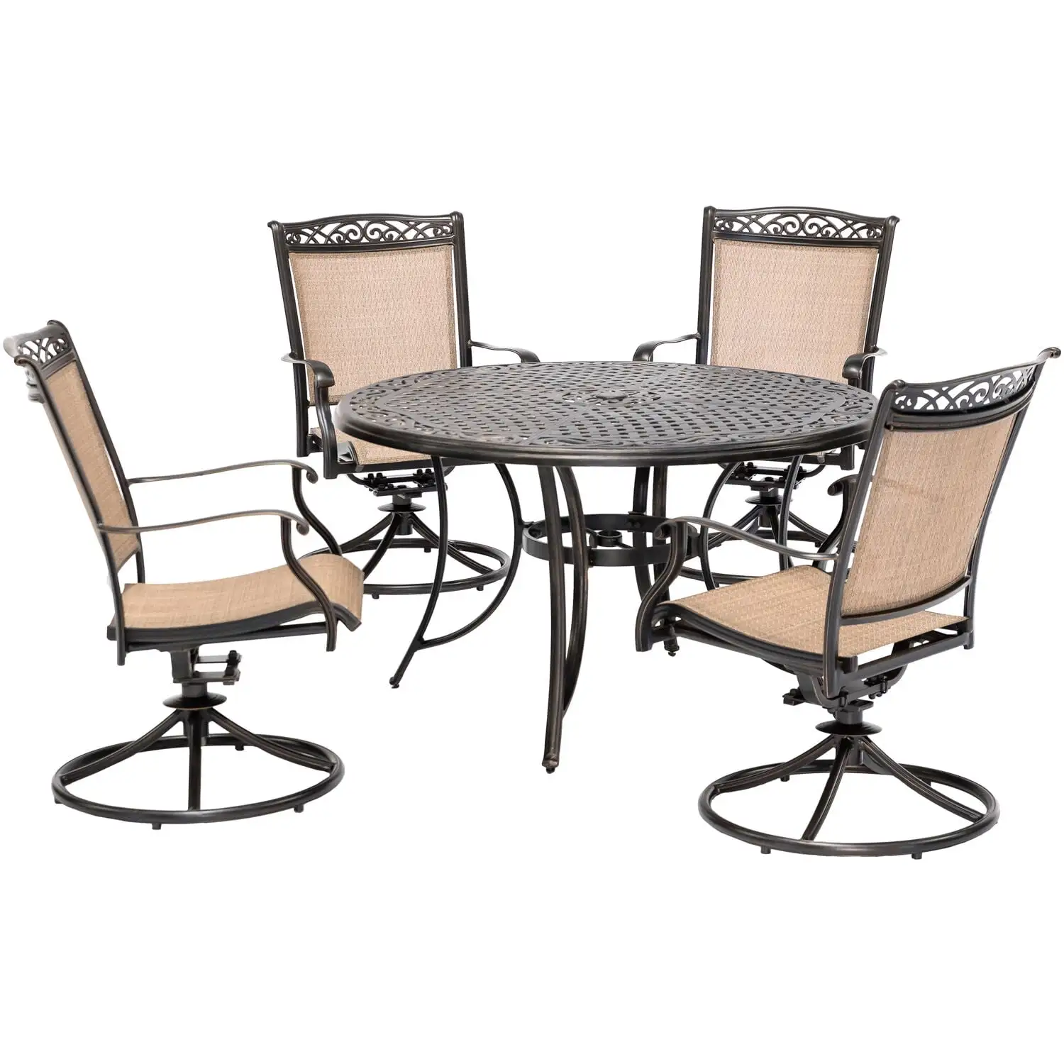 Hanover Fontana 5-Piece Outdoor Dining Set with 4 Sling Swivel Rockers and a 48-In. Cast-Top Table