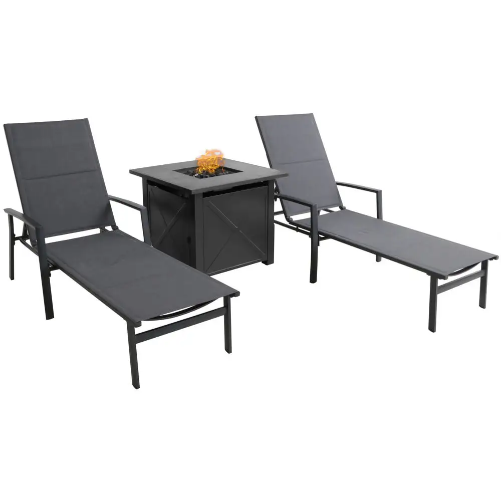 Hanover Halsted 3-Piece Sling Lounge Set featuring a 40.000 BTU Tile-Top Fire Pit Table with Burner Cover. Gray