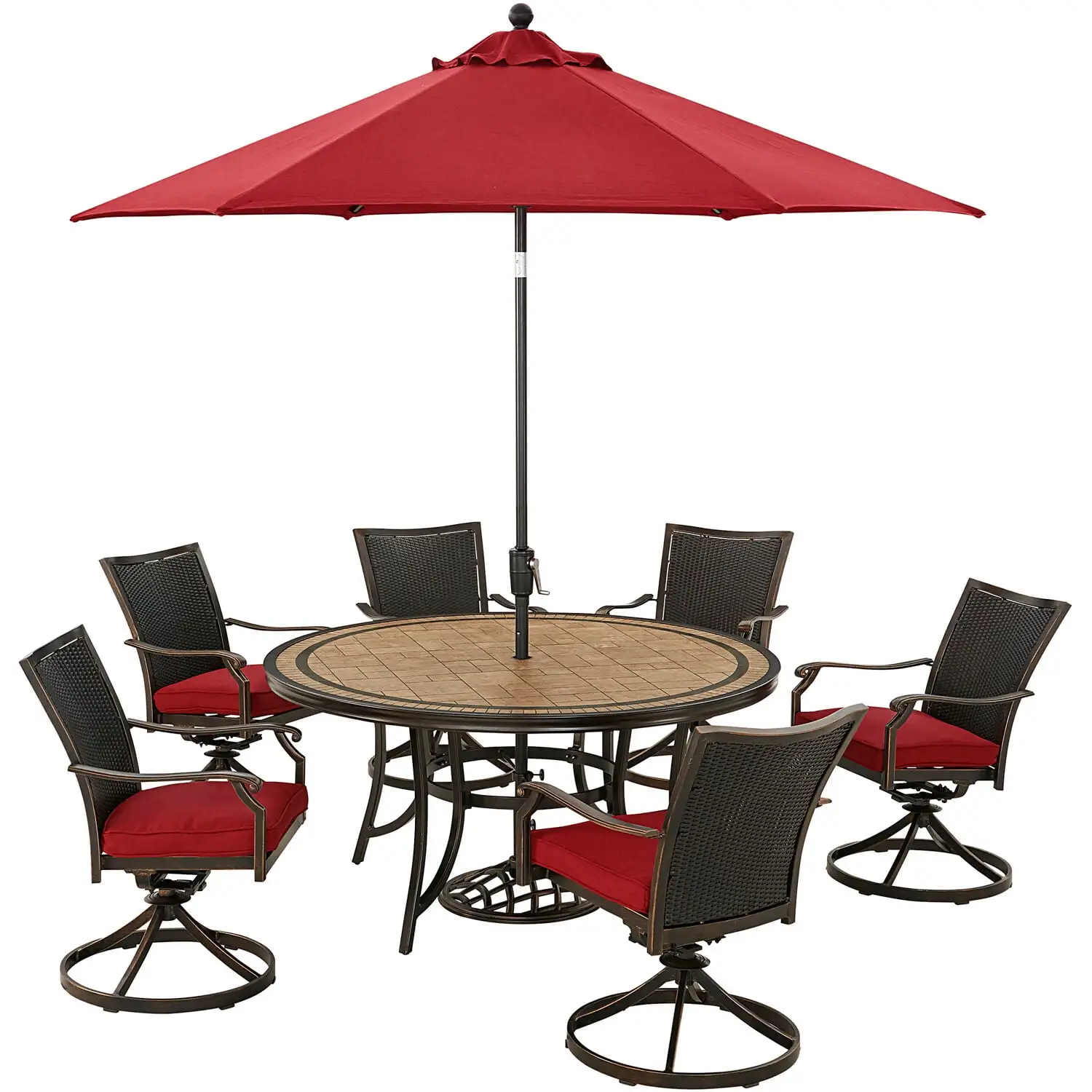 Hanover Monaco 7-Piece Outdoor Patio Dining Set. 6 Cushioned Wicker Back Swivel Rocker Chairs. 60 Round Tile Table. 9' Umbrella. and Umbrella Base. Bronze Finish. Rust-Resistant. All-Weather