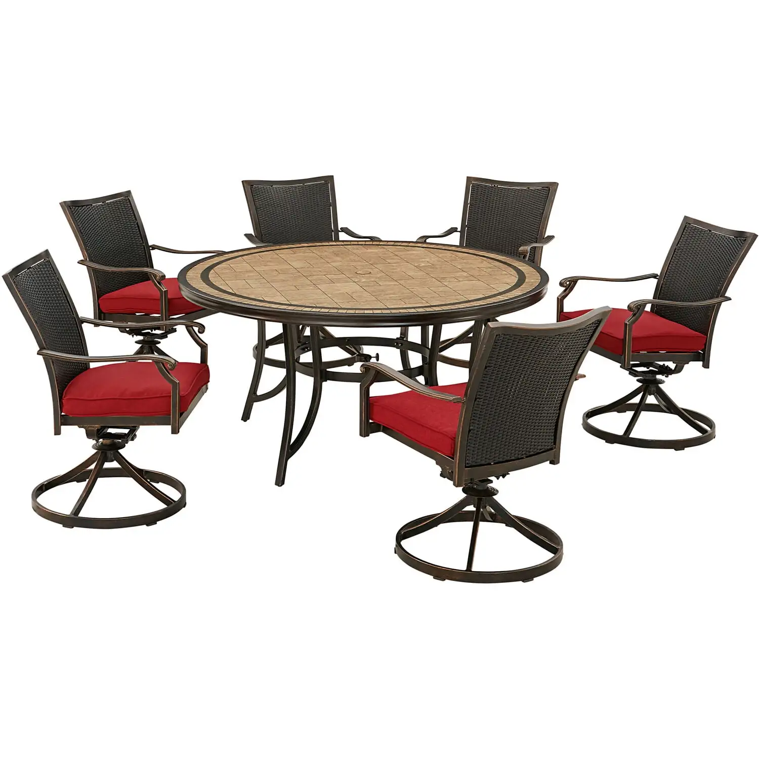 Hanover Monaco 7-Piece Outdoor Patio Dining Set. 6 Cushioned Wicker Back Swivel Rocker Chairs and 60 Round Tile Table. Brushed Bronze Finish. Rust-Resistant. All-Weather - MONDNWB7PCSW6RDTL-RED