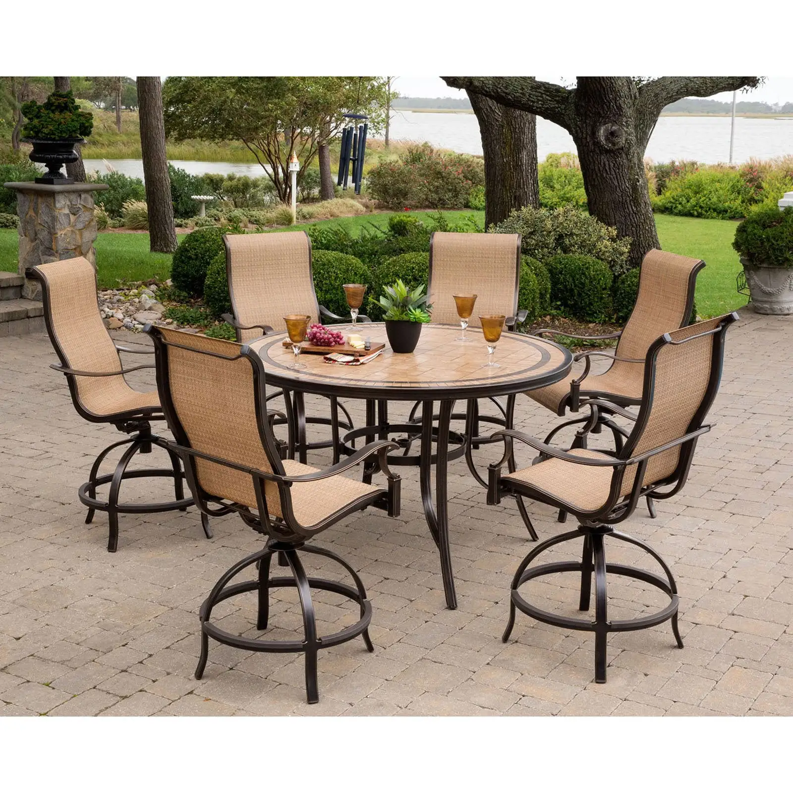 Hanover Monaco 7-Piece Outdoor Patio High-Dining Set with 6 Contoured Swivel Chairs and a 56 Round Tile-Top Table with Heavy-Duty Aluminum Frames | MONDN7PCBR