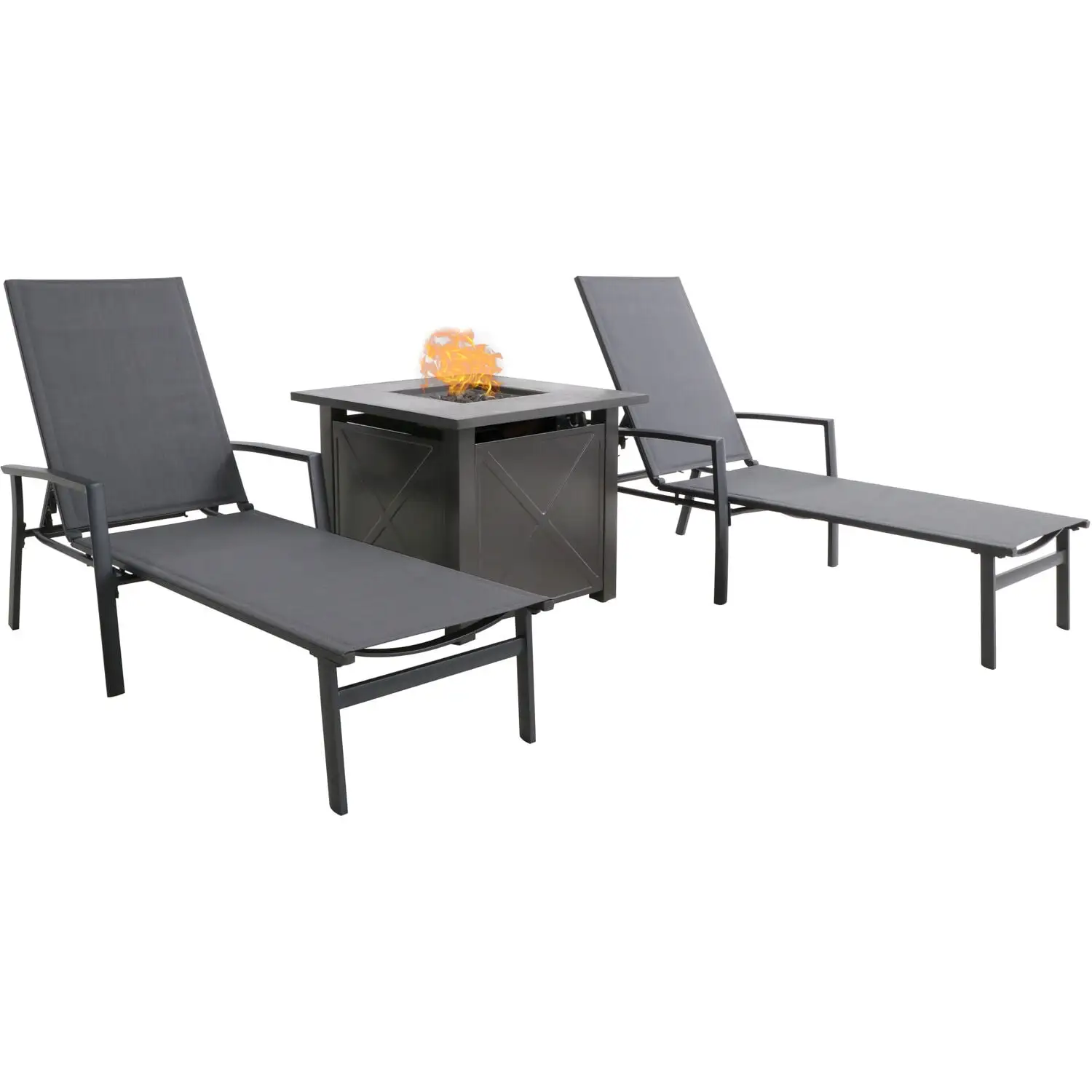 Hanover Naples 3-Piece Chaise Lounge Set featuring a 40.000 BTU Tile-Top Fire Pit Table with Burner Cover. Gray Frame / Gray Sling