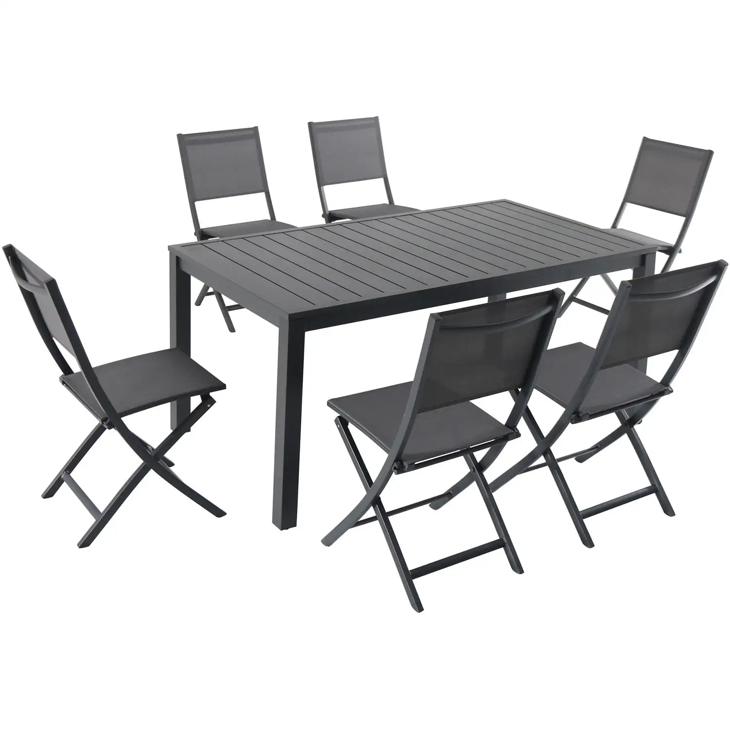 Hanover Naples 7-Piece Outdoor Dining Set with 6 Sling Folding Chairs Gray and 63 W x 35 L Table