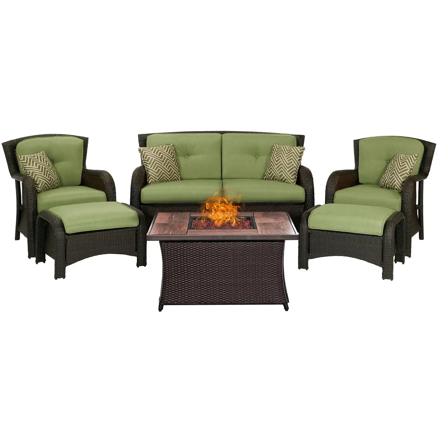 Hanover Strathmere 6 Pcs Wicker Fire Pit Chat Set. Cilantro Green