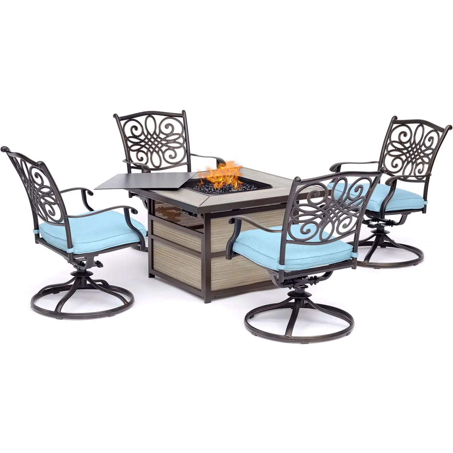 Hanover Traditions 5-Piece Aluminum Fire Pit Chat Set with 4 Swivel Rockers Fire Pit Table. Blue