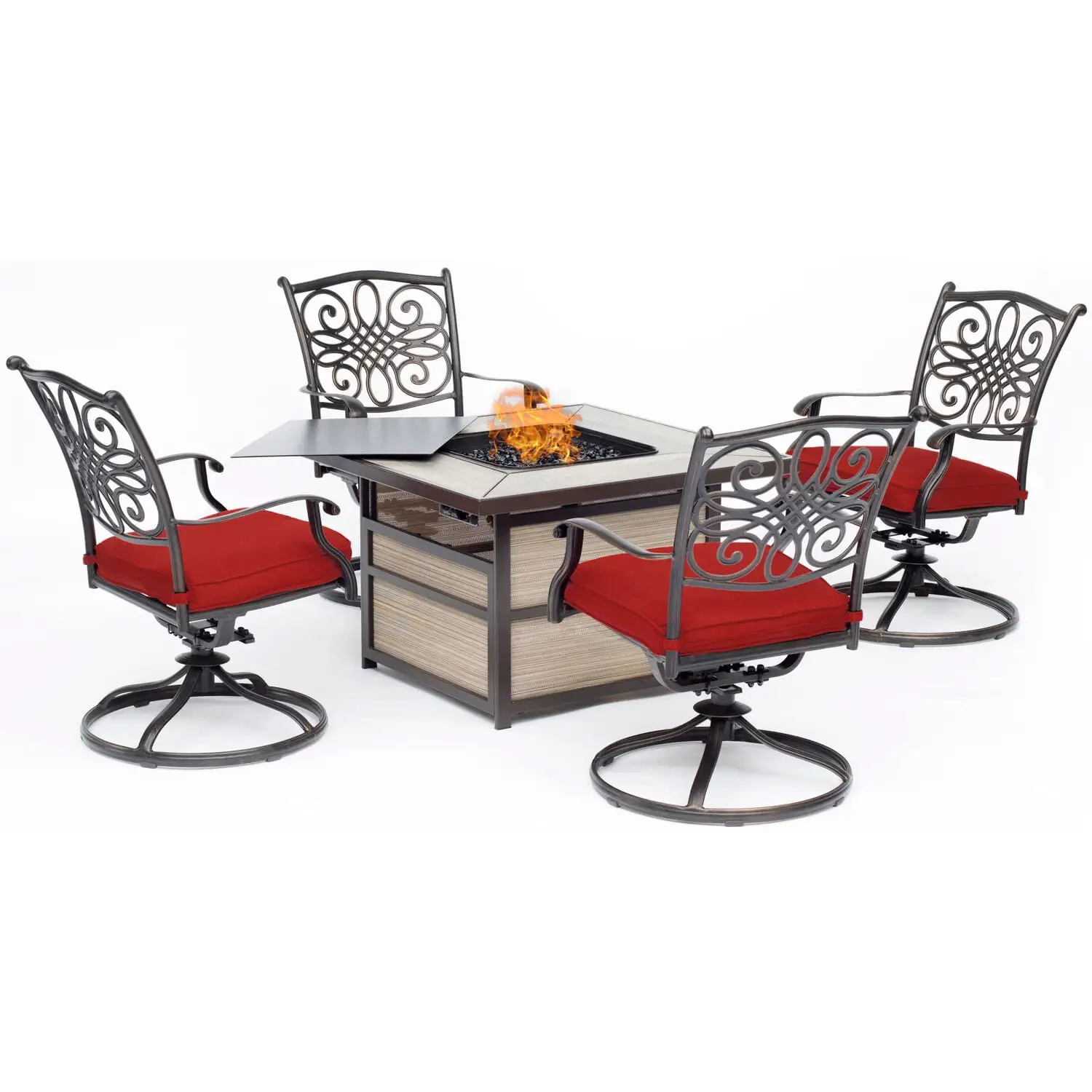 Hanover Traditions 5-Piece Fire Pit Chat Set with 4 Swivel Rockers in Autumn Berry with a 40.000 BTU Fire Pit Table