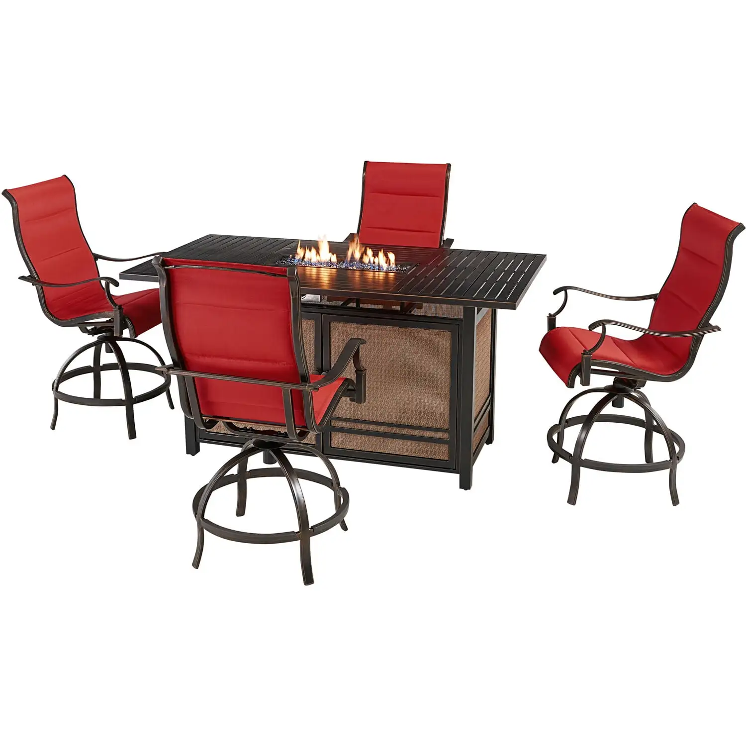 Hanover Traditions 5-Piece Outdoor High Dining Fire Patio Set. 4 Counter-Height Padded Sling Swivel Chairs and Slat-Top Gas Fire Pit Aluminum Table. Brushed Bronze Finish. Rust-Resistant. All-Weather