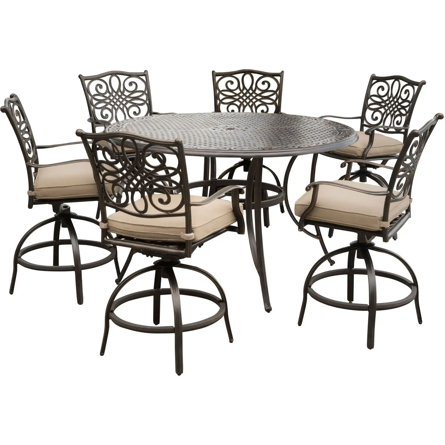 Hanover Traditions 7-Piece Rust-Free Aluminum with Tan Cushions. 6 Counter-Height Swivel Chairs and Aluminum Round Bar Table Table. TRADDN7PCBR