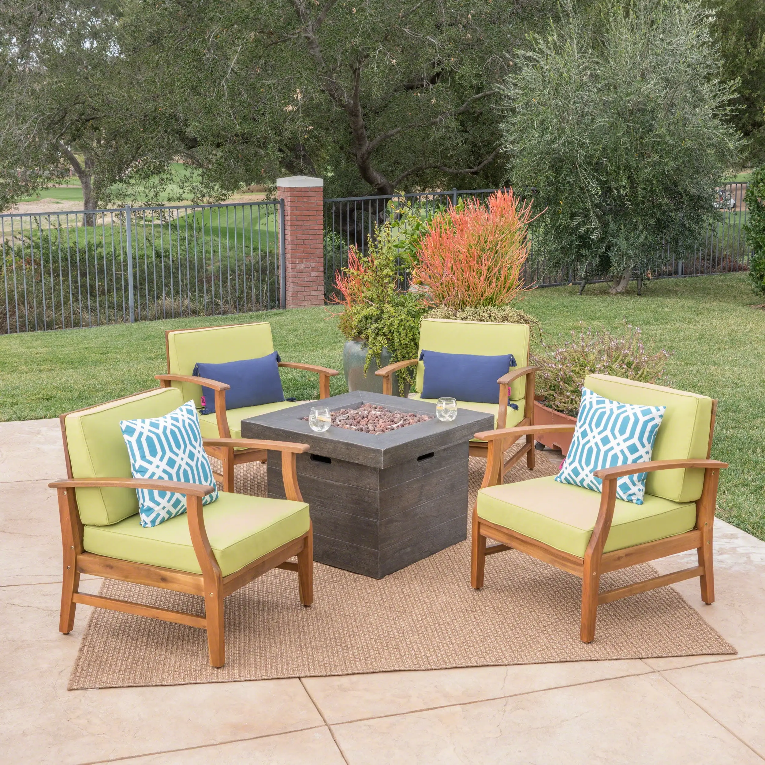 Havana Outdoor 4 Seater Acacia Wood Club Chairs with Cushions and Fire Pit. Teak. Green. Brown