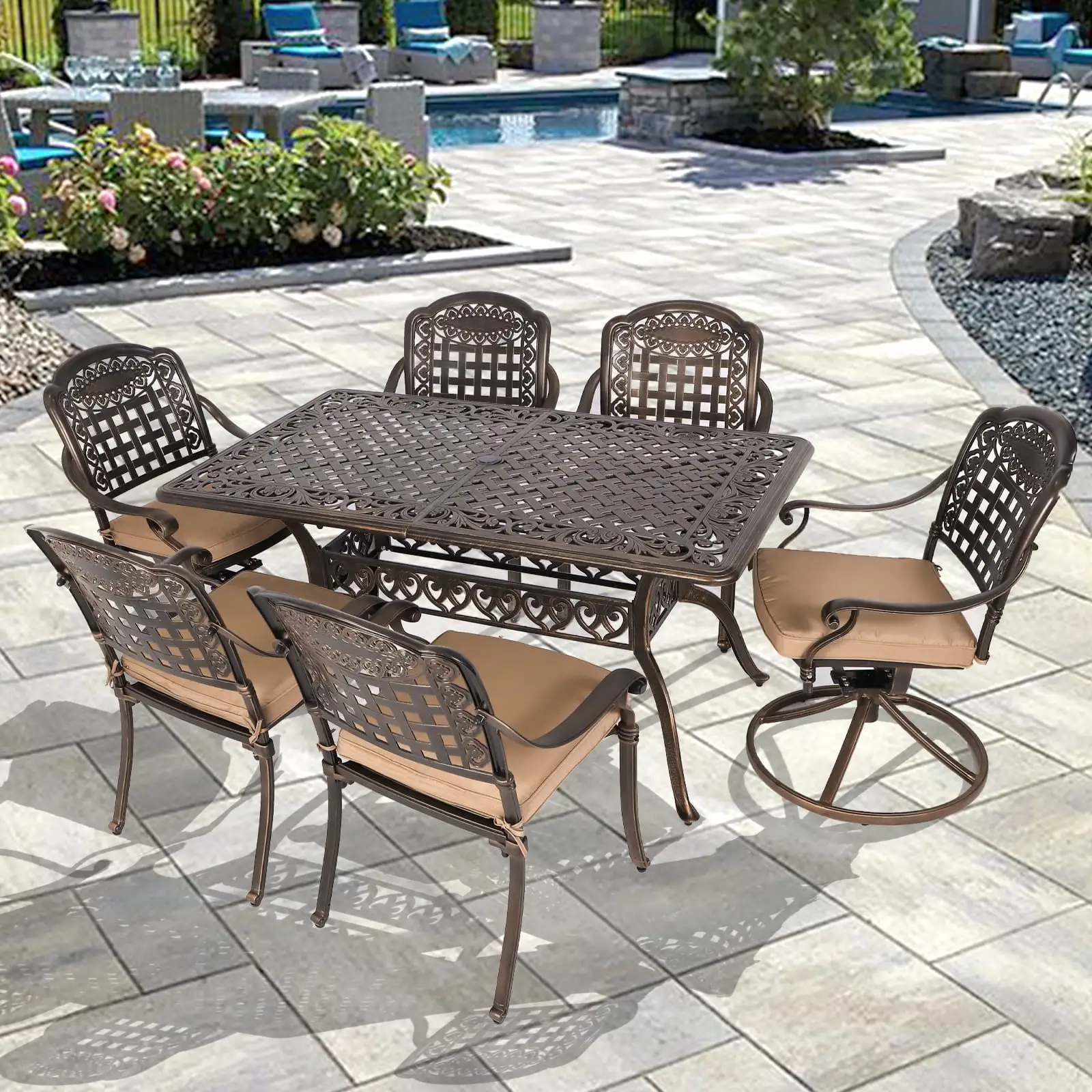 Haverchair 7-Piece Outdoor Furniture Dining Set. All-Weather Cast Aluminum Conversation Set Includes 1 Rectangular Table and 2 Swivel Chairs and 4 Chairs