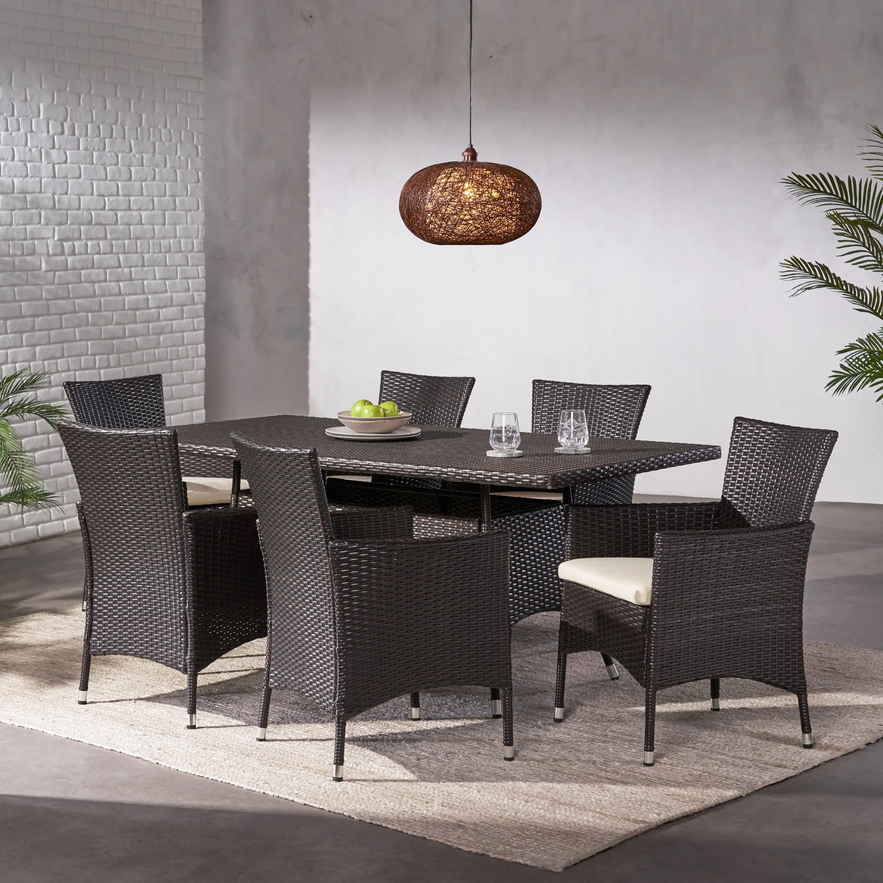 Hawawa Outdoor Transitional 7 Piece Wicker Dining Set with Water-Resistant Cushions. multibrown