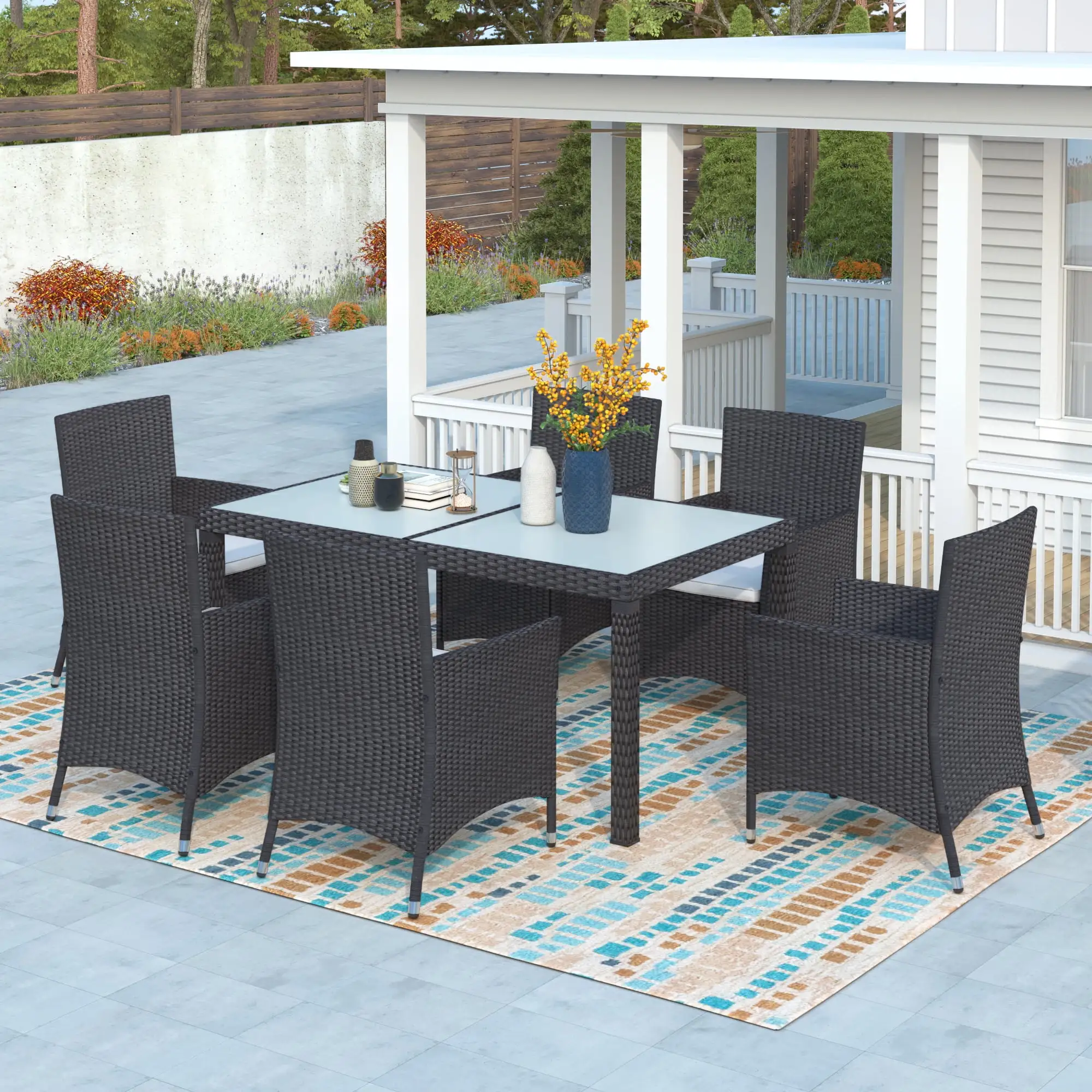 Highsound 7-piece Outdoor Rattan Wicker Dining Set. Tempered Frosted Glass Top Dining Table with 6 Thick Cushioned Chair for 6 Persons. Black Rattan+Beige Cushion