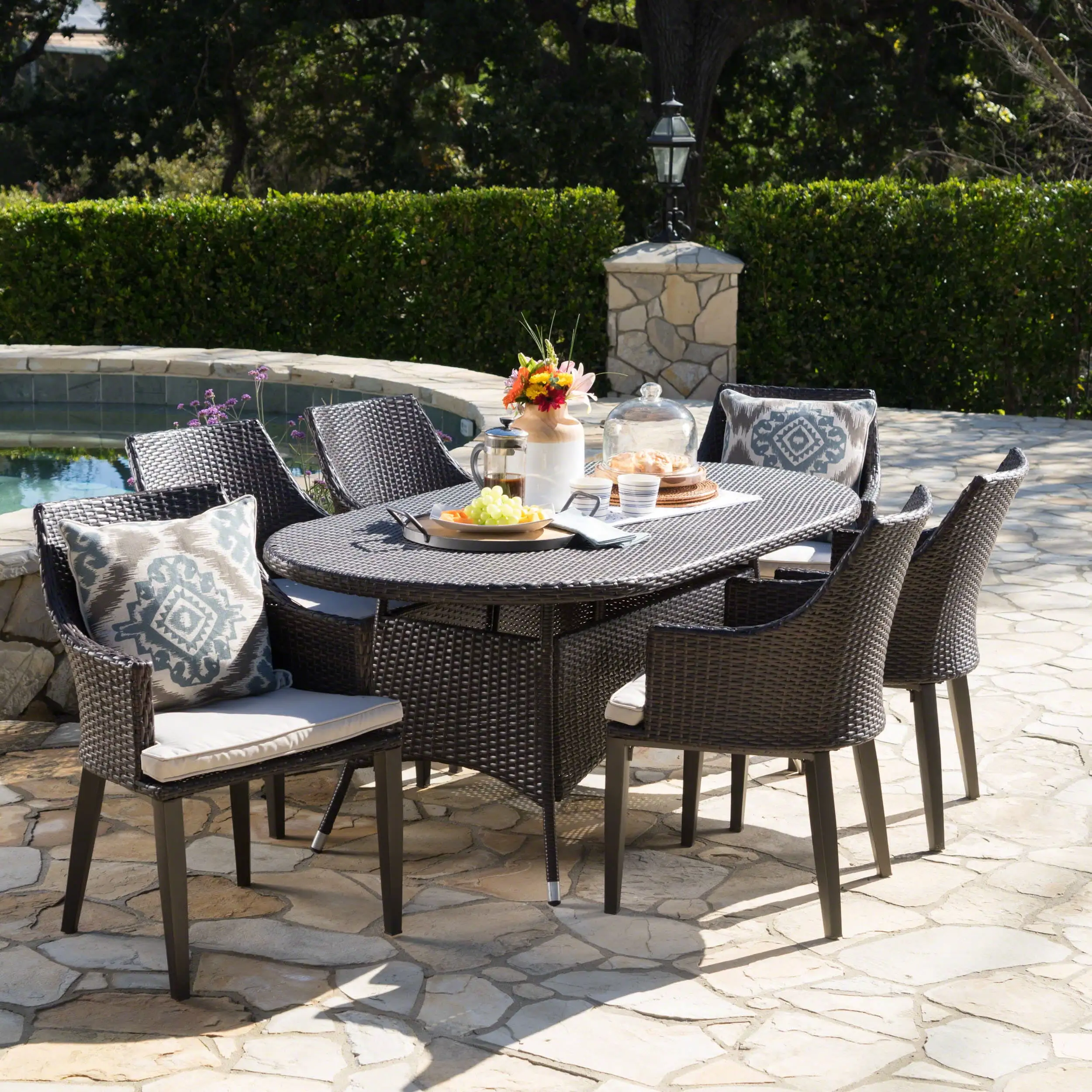 Hillsdale Outdoor 7 Piece Wicker Oval Dining Set with Cushions. Multibrown. Light Brown