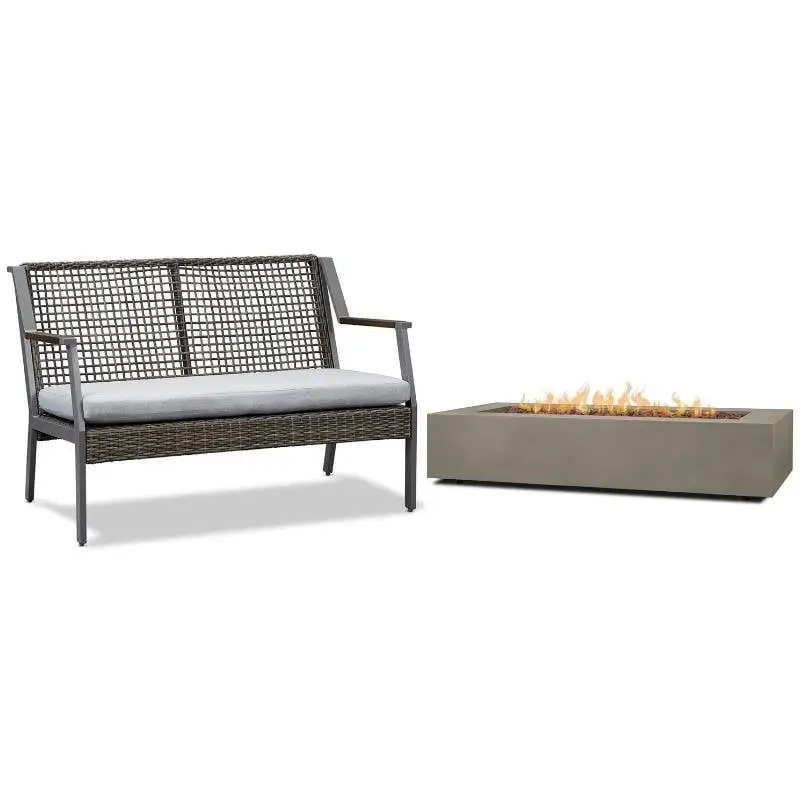 Home Square 2 Piece Set with 70 Rectangle LP Fire Table Patio Loveseat in Gray