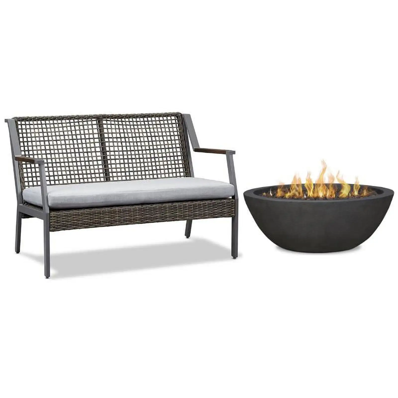 Home Square 2 Piece Set with Propane Fire Pit Bowl and Aluminum Patio Loveseat