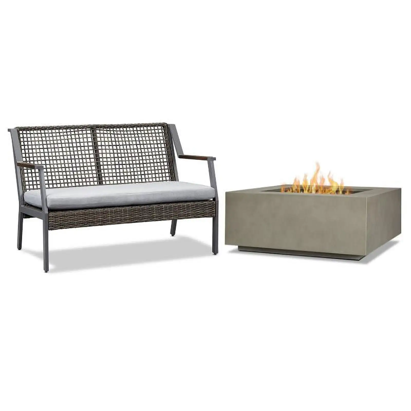 Home Square 2 Piece Set with Square Propane Fire Table & Patio Loveseat in Gray