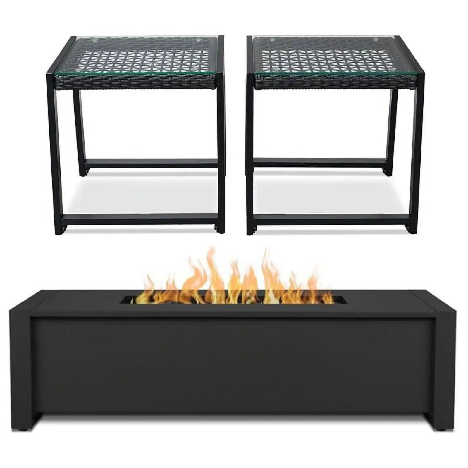 Home Square 3 Piece Garden Patio Set with Fire Table and 2 End Tables in Black