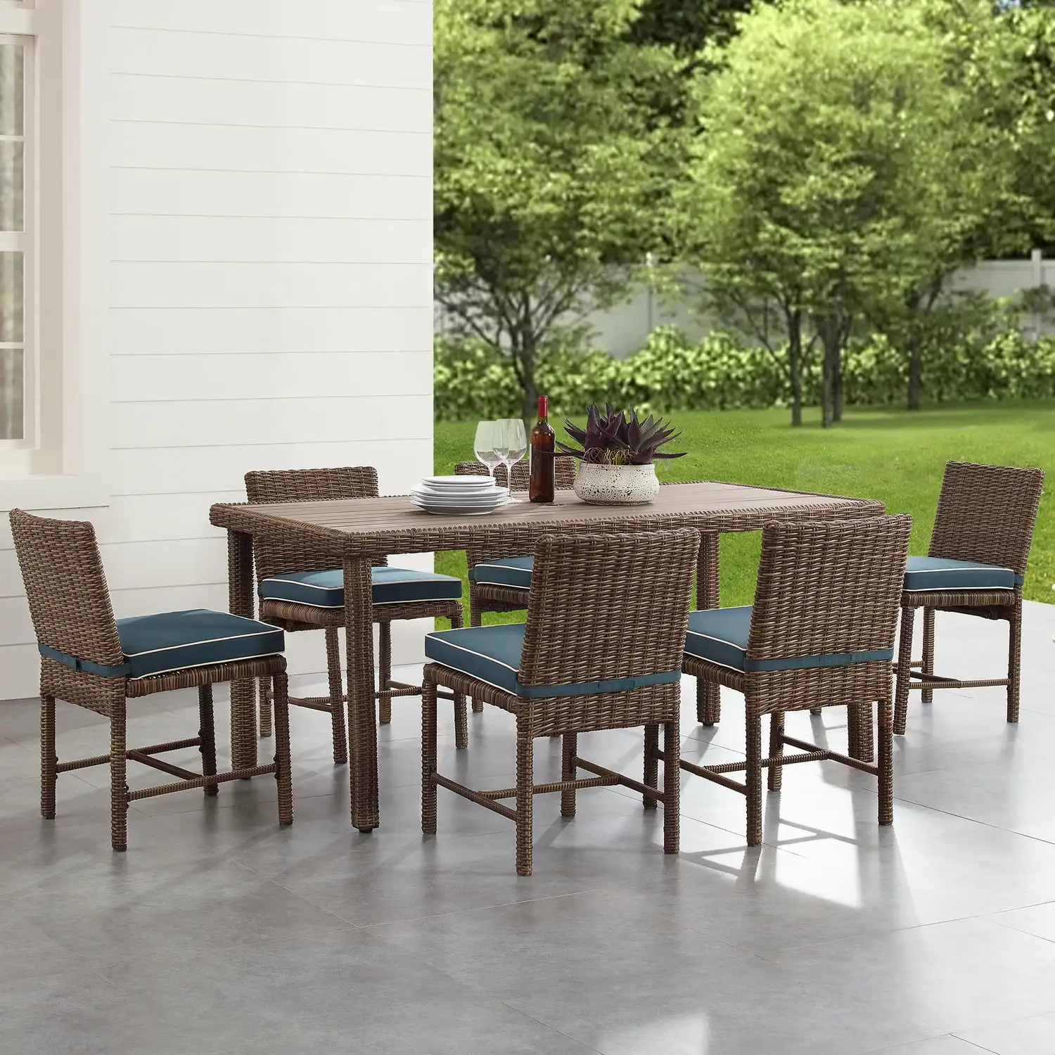 HomeStock French Country 7Pc Outdoor Wicker Dining Set Navy/Weathered Brown - Dining Table & 6 Dining Chairs