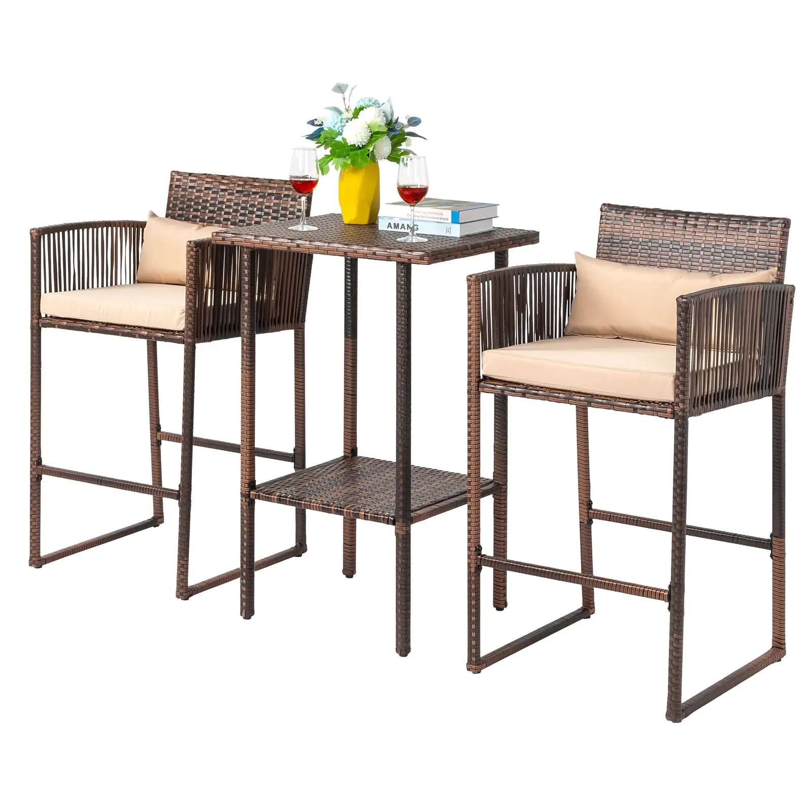 IVV 3-Piece Outdoor Wicker Bar Height Table Set. 2 Bar Stools and 1 Pub Table with Storage Shelf. Seat Cushions. Steel Frame. Brown