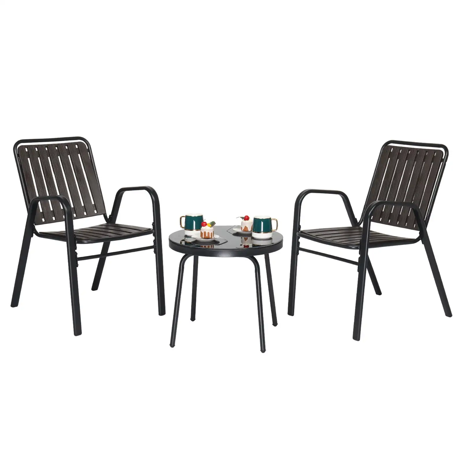 IVV 3-Piece Patio Table Set with Round Metal Side Table and 2 Stackable Armchairs. Indoor/Outdoor Bistro Table and Chairs Set. Black