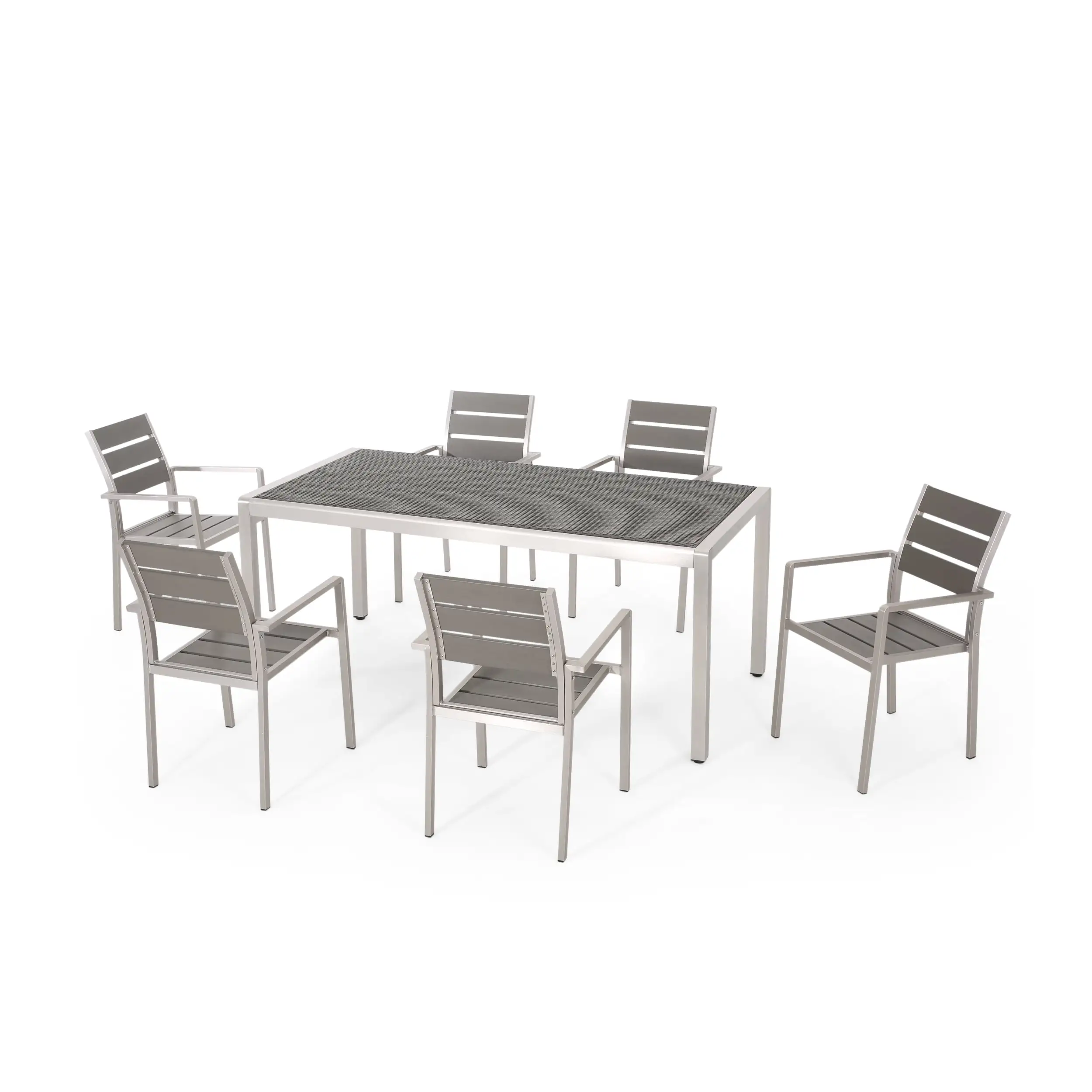 Ian Outdoor Modern 6 Seater Aluminum Dining Set with Faux Wood Seats. Gray. Silver