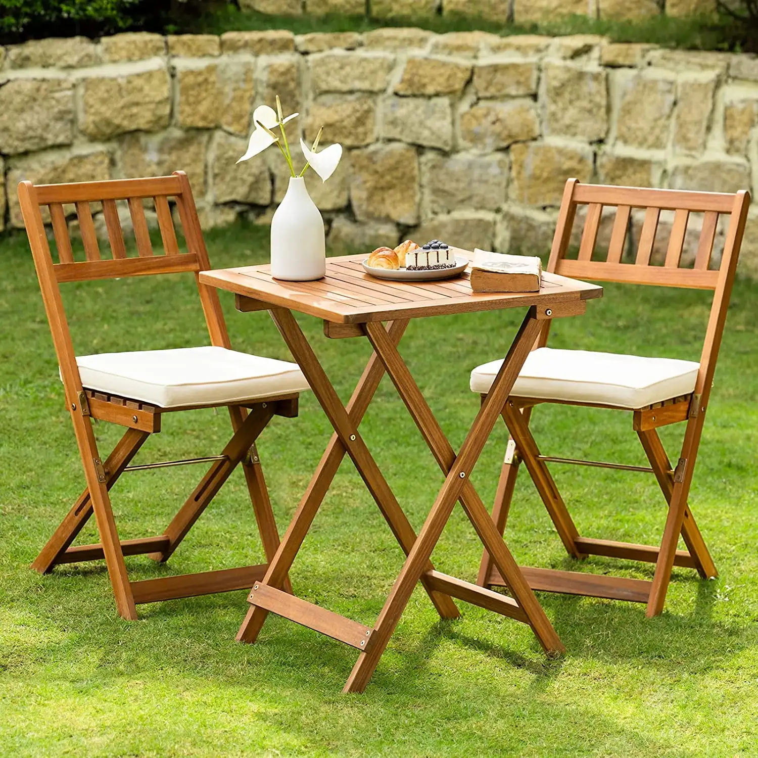 Idzo Premium Acacia Wood Patio Bistro Set Folding Chairs with Thick Cushions and Square Table