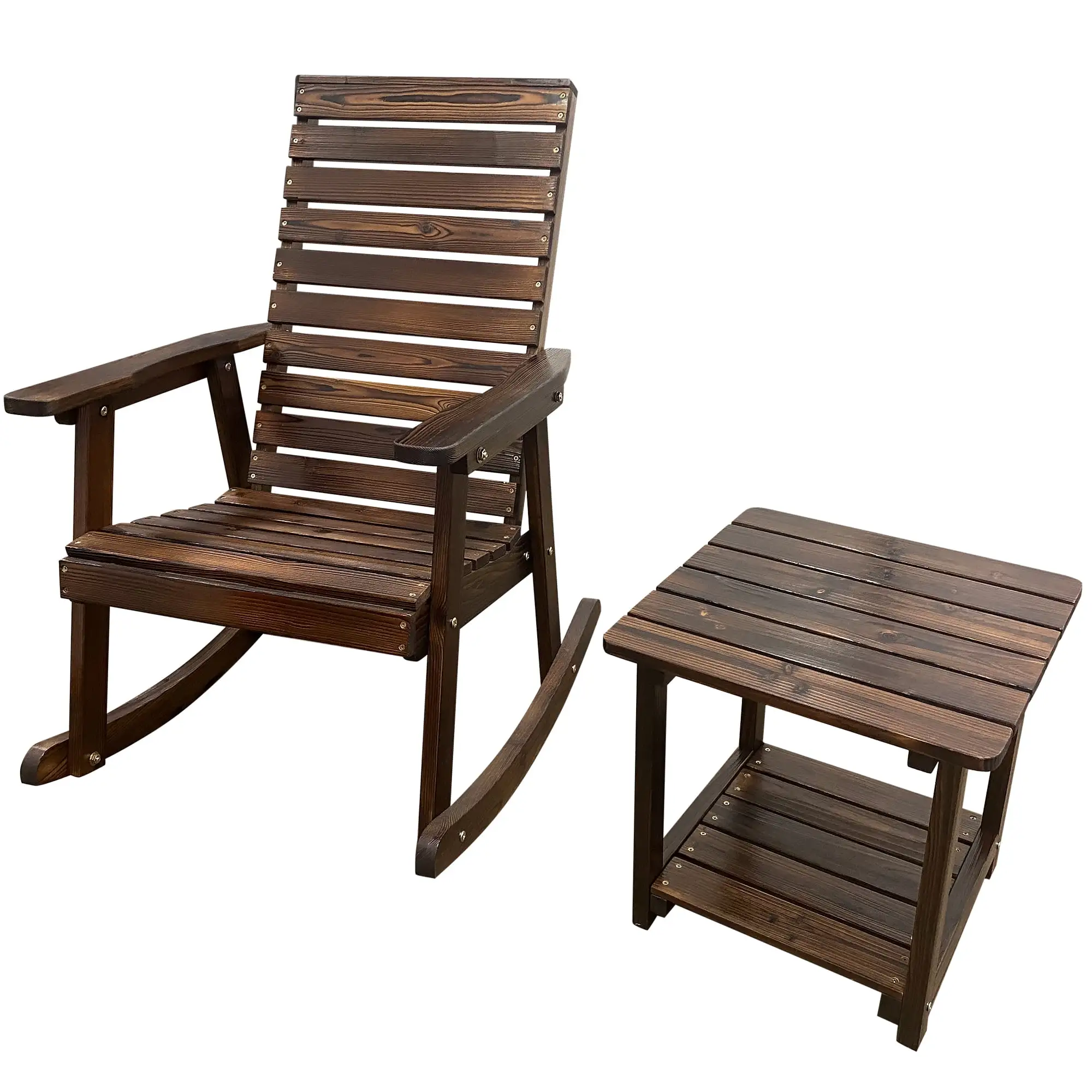 Innovaze Solid Fir Wood Outdoor Rocking Chair Set with High Backrest and Side Table. Heavy Duty 600 LBS(Deep Brown)