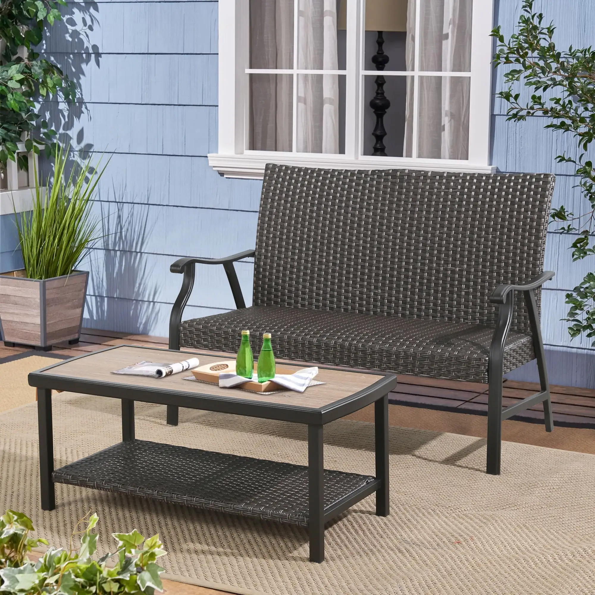 Iwicker 2 Pieces Outdoor Wicker Sofa Set. Rattan Patio Conversation Set with Coffe Table and Sofa. Brown