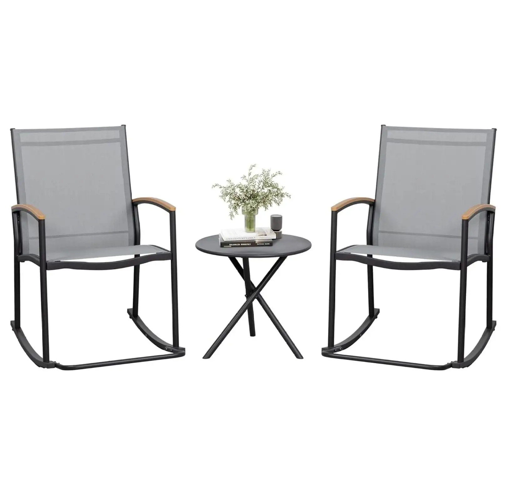 JAMFLY 3 Pieces Patio Set Outdoor Patio Furniture Sets. Modern Rocking Bistro Set Textilene Chair Conversation Sets with Coffee Table. Light Gray