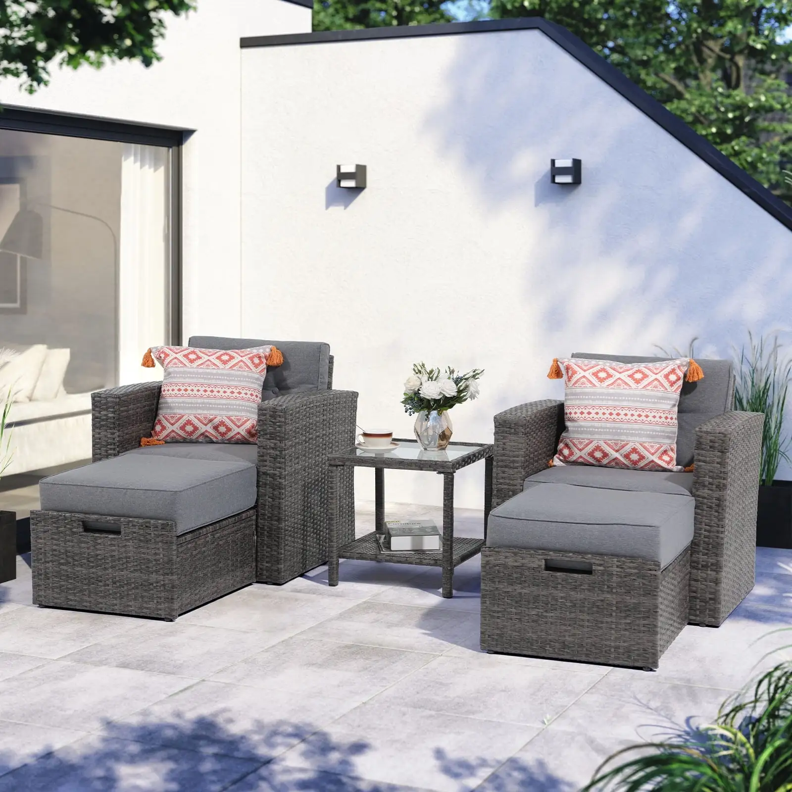 JOIVI 5 Pieces Patio Furniture Set. Outdoor PE Rattan Wicker Patio Conversation Set. Lounge Chairs with Cushioned Ottoman and Tempered Glass Side Table. Gray