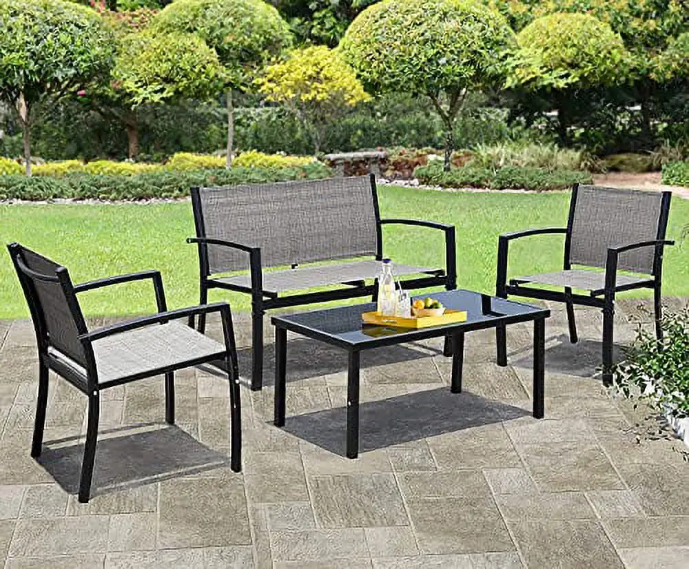 JUMMICO 4 Pieces Patio Furniture Set Modern Conversation Set Outdoor Garden Patio Bistro Set with Glass Coffee Table for Home. Porch. Lawn (Grey)