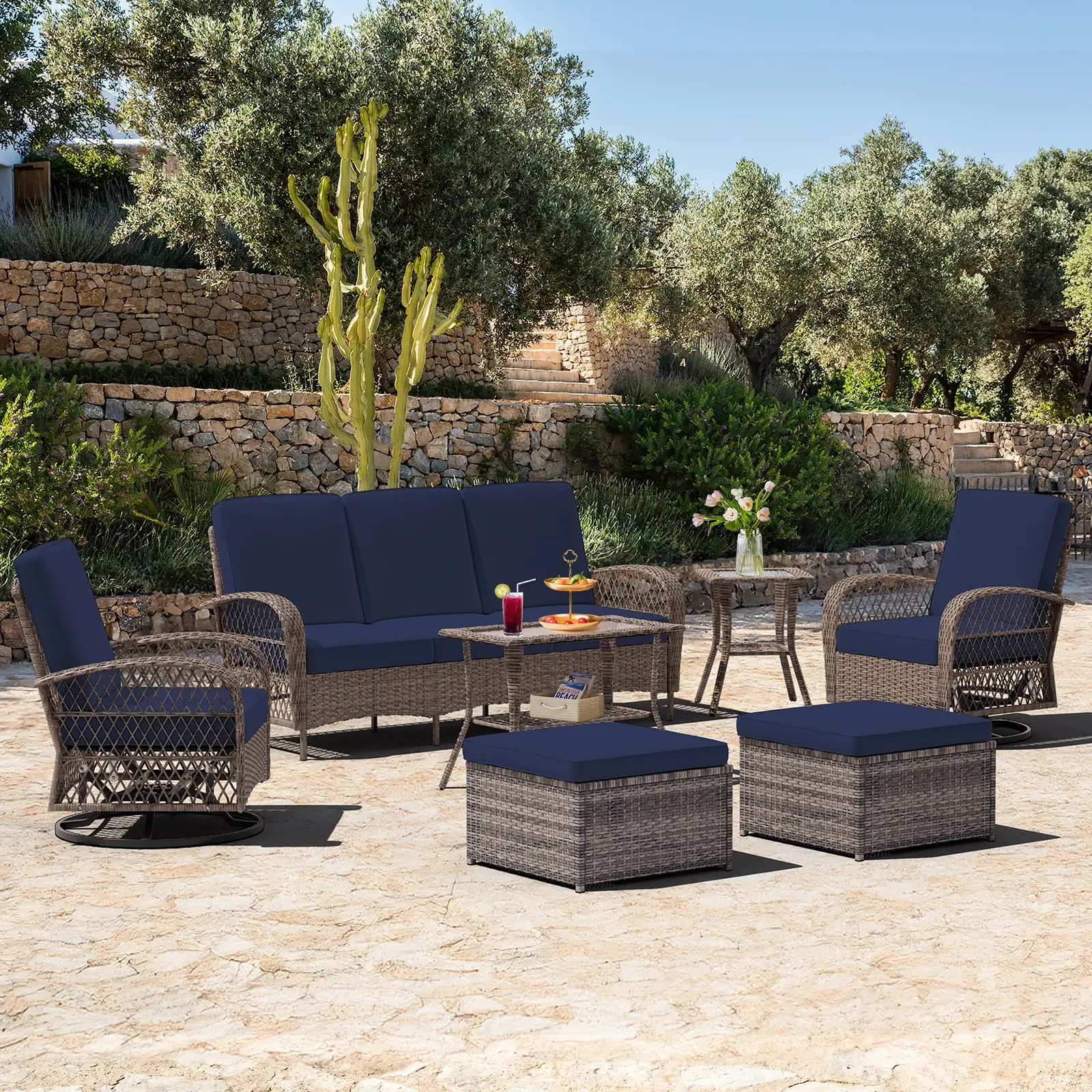 JUSTLET 7-Piece Patio Wicker Bistro Furniture Set. Outdoor Conversation Swivel Rocking Chairs Set with 3-seater Sofa. 2 Ottomans.1 Side Table and 1 coffee table. Navy