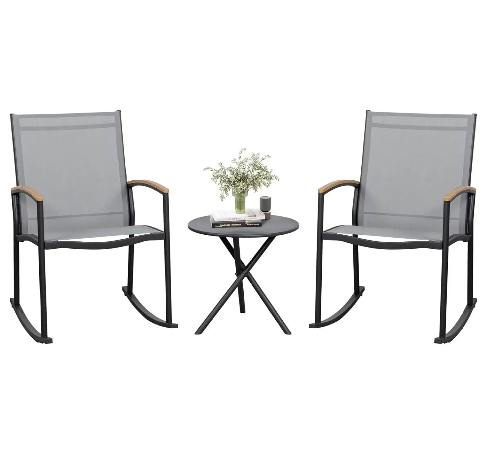 JYUii 3 Pieces Patio Set Outdoor Patio Furniture Sets. Modern Rocking Bistro Set Textilene Chair Conversation Sets with Detachable Pedal and Coffee Table (Light Gray)