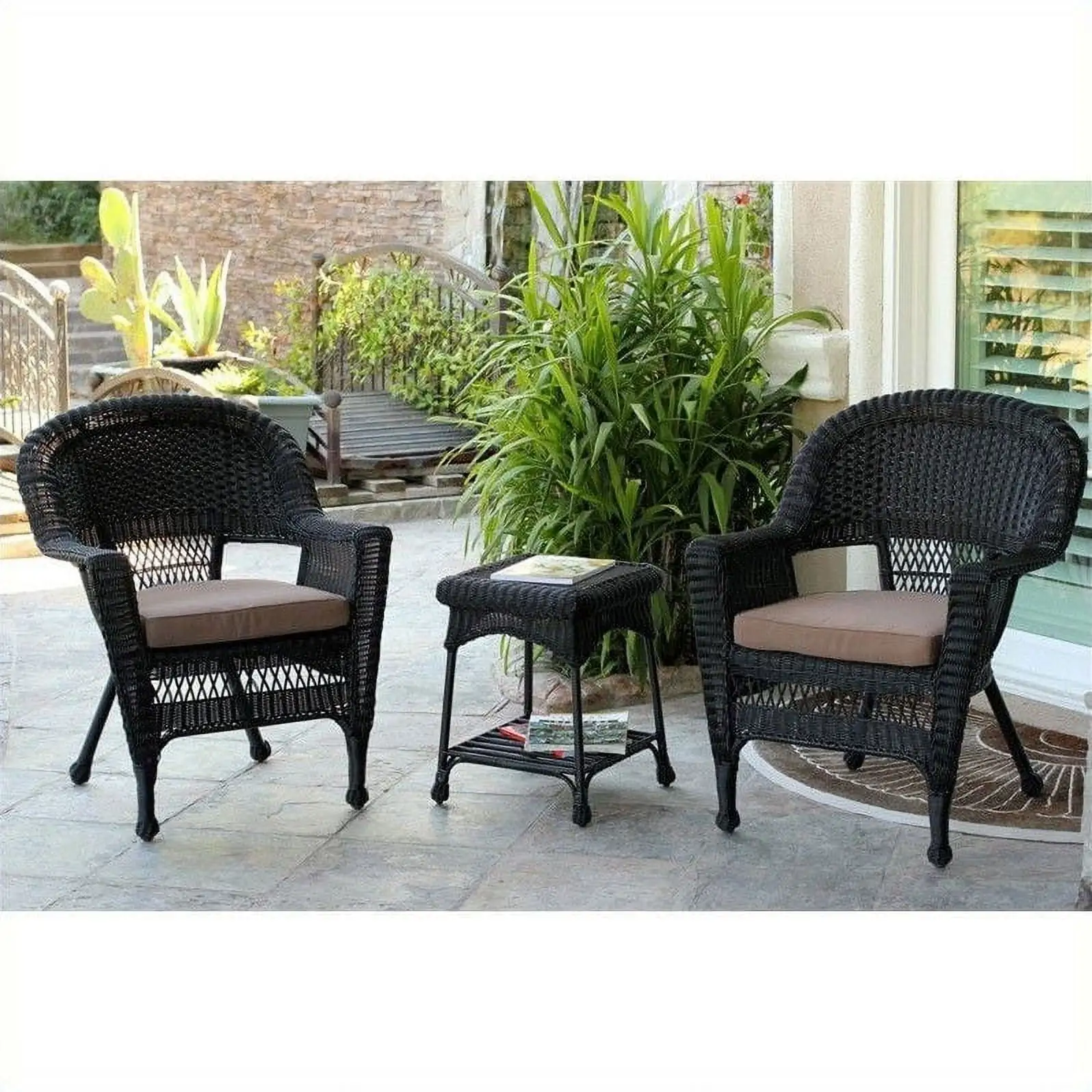 Jeco 3 Piece Wicker Conversation Set in Black with Brown Cushions